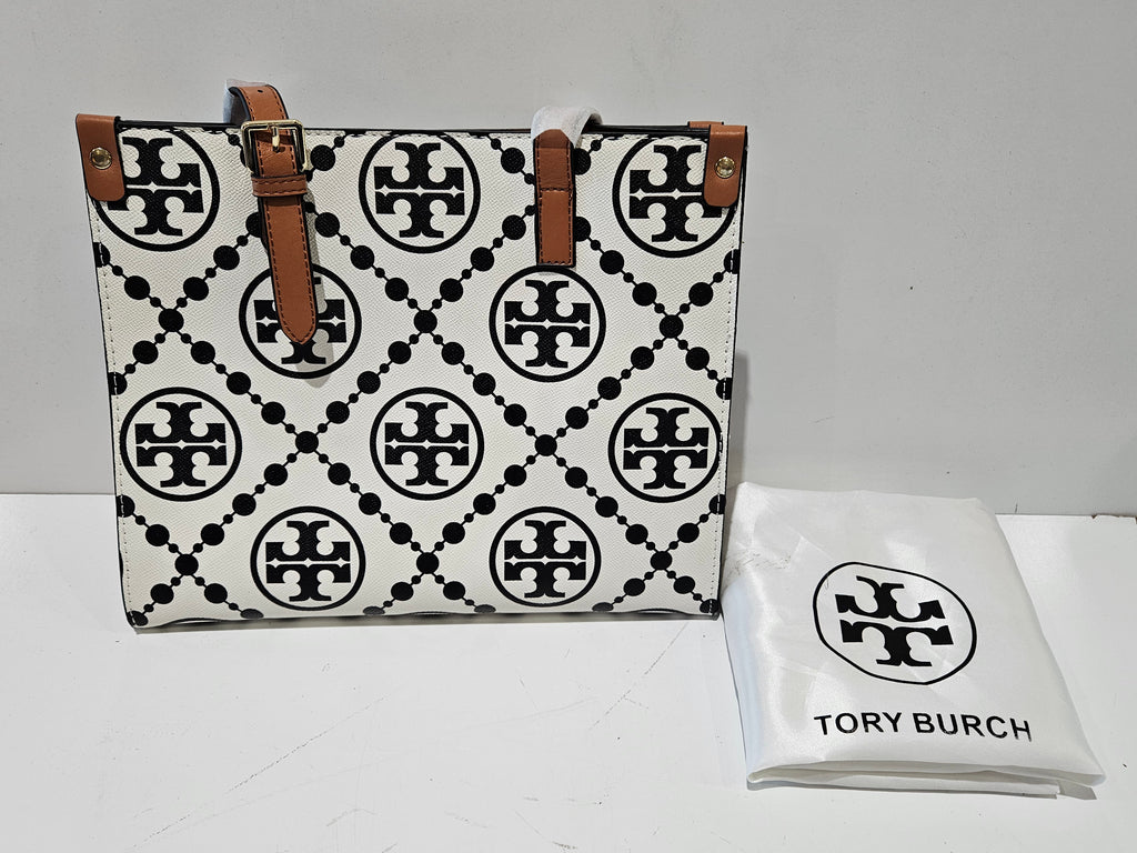 Tory Burch Monogram Logo Tote Bag White Black Beige Brown Shoulder Handbag T-2660