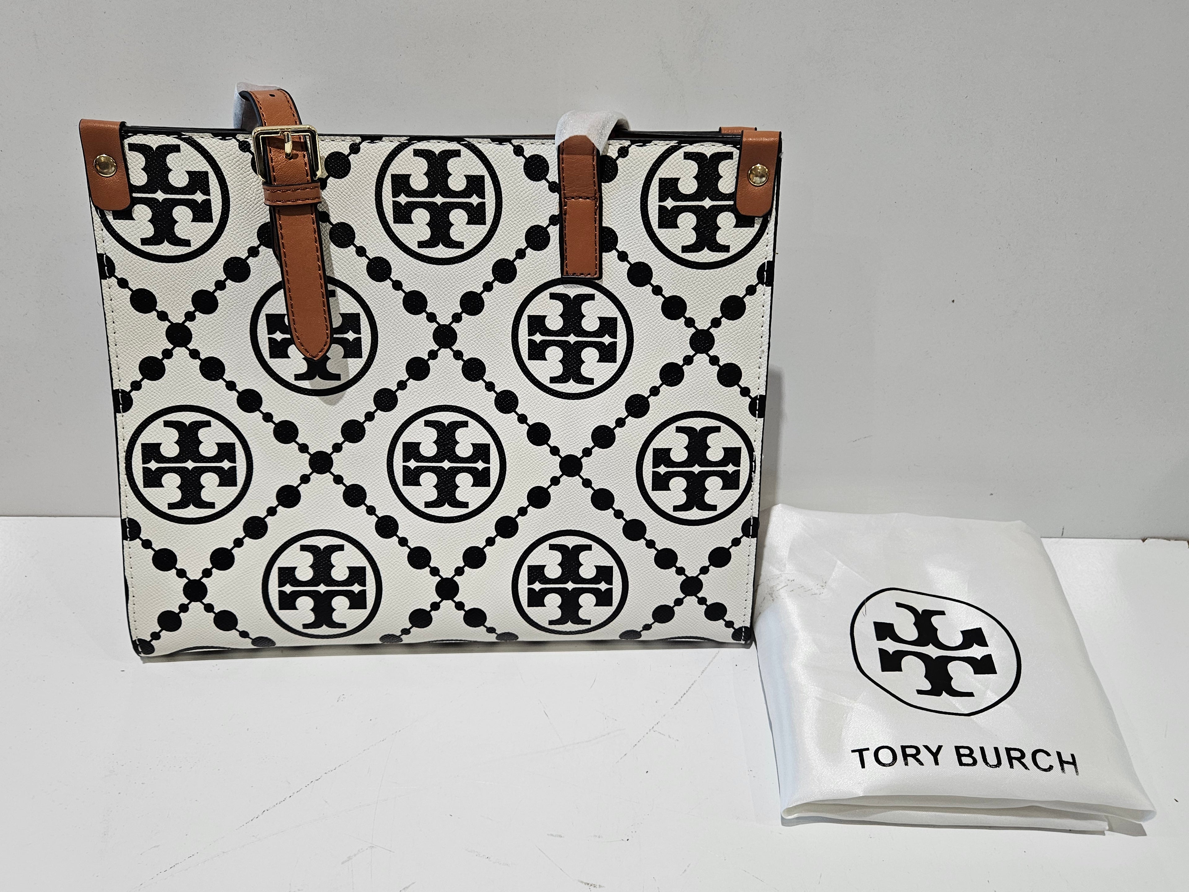 Tory Burch Monogram Logo Tote Bag White Black Beige Brown Shoulder Handbag T-2660
