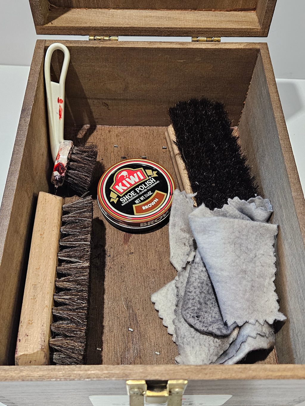 KIWI Hand Crafted Wooden Shoe Valet Box With Brushes Polish Cloth Shoe Care Kit