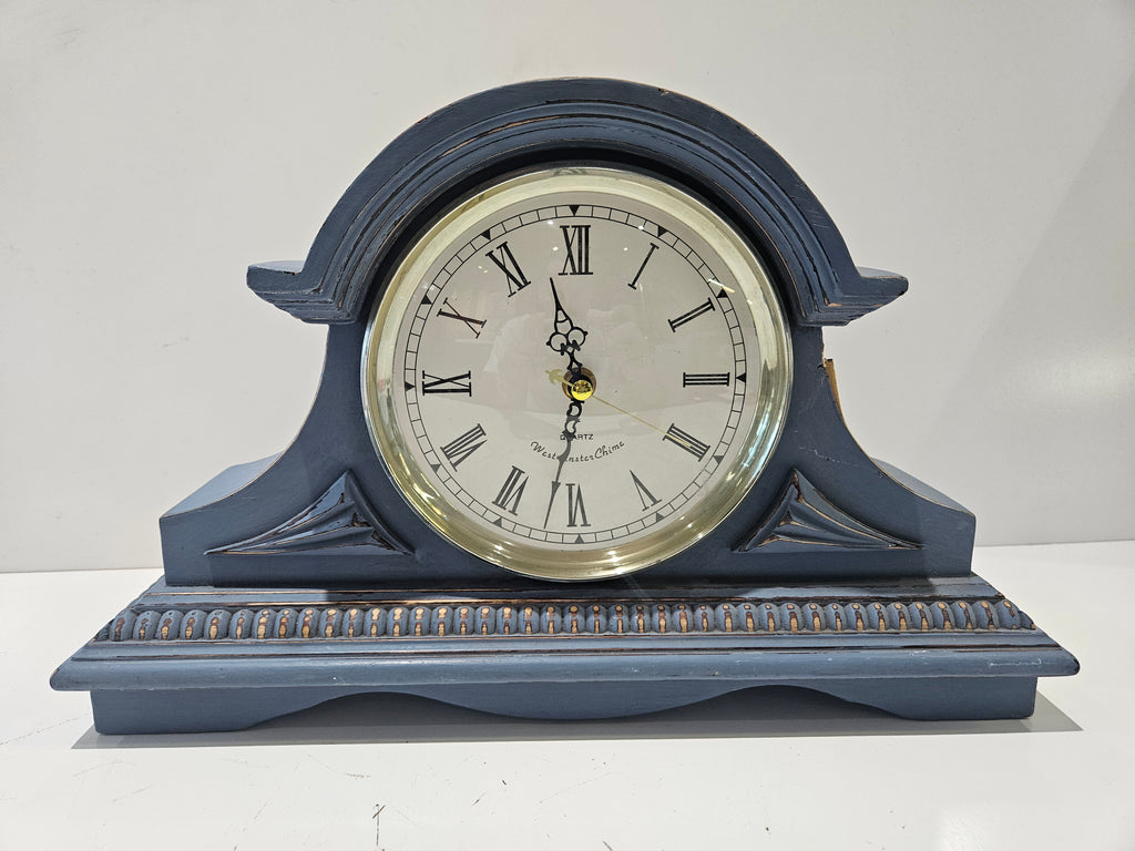 Vintage Westminster Chime Quartz Mantel Clock Blue Distressed Wooden Case Roman Numerals