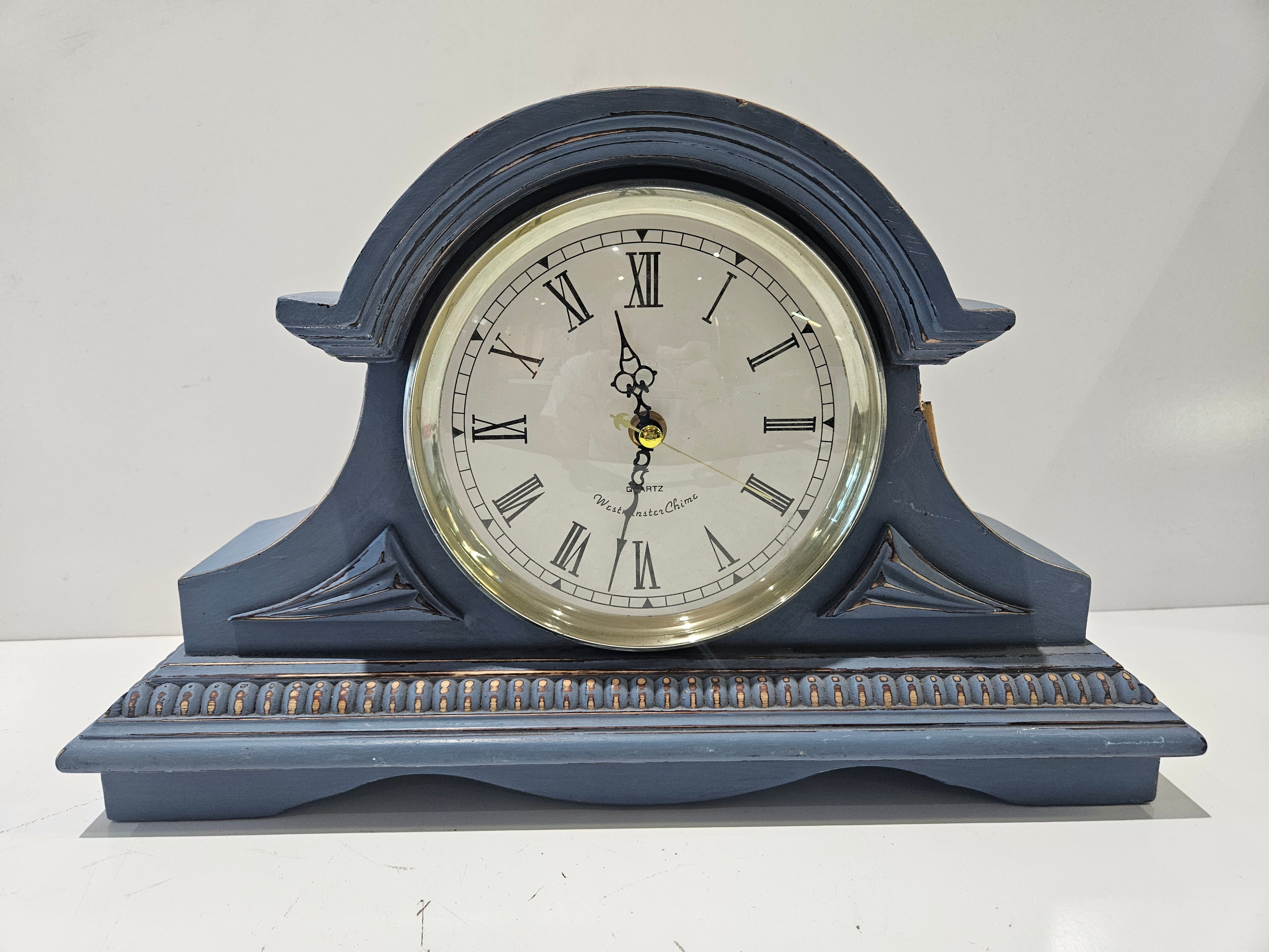 Vintage Westminster Chime Quartz Mantel Clock Blue Distressed Wooden Case Roman Numerals