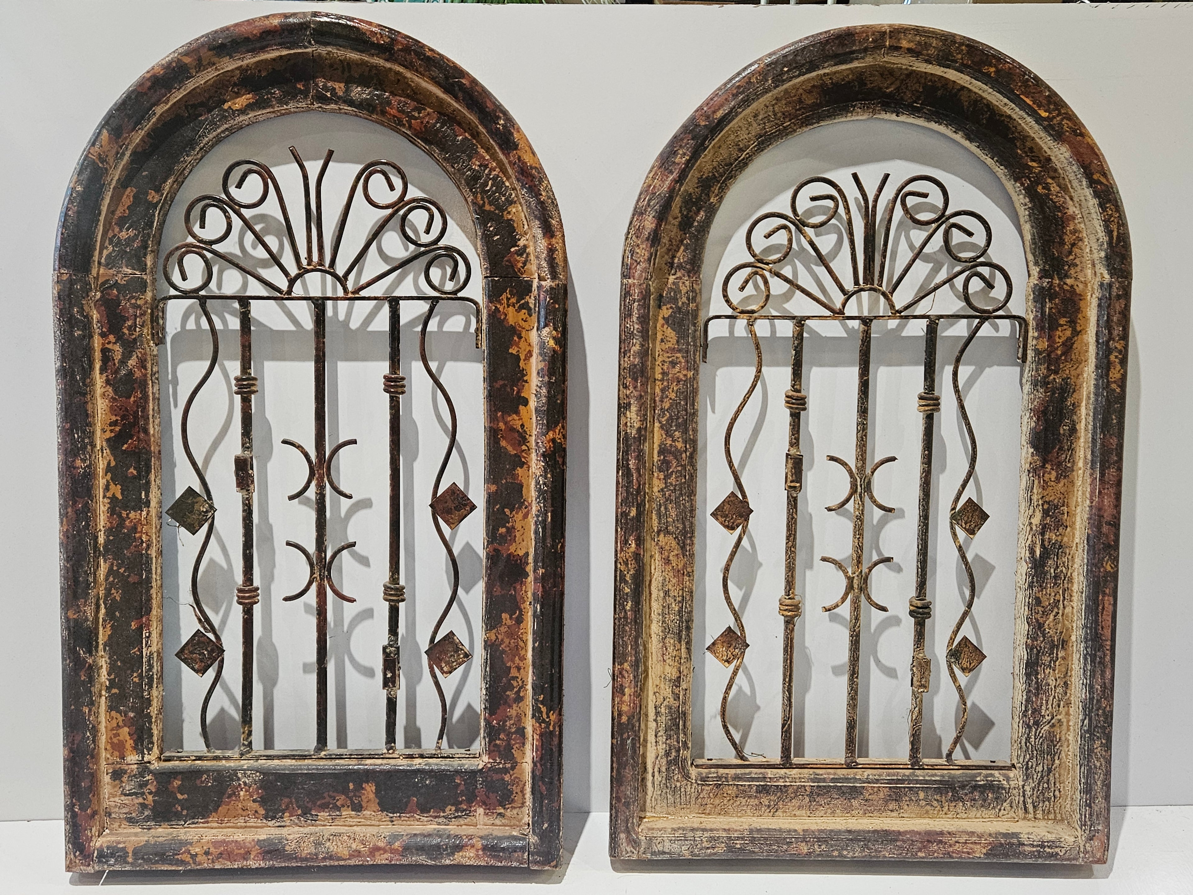 Rustic Arched Wood & Wrought Iron Window Wall Decor Farmhouse Architectural Art