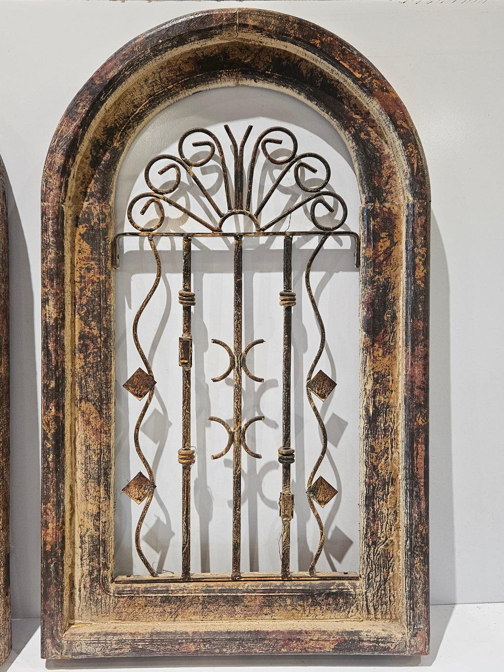 Rustic Arched Wood & Wrought Iron Window Wall Decor Farmhouse Architectural Art