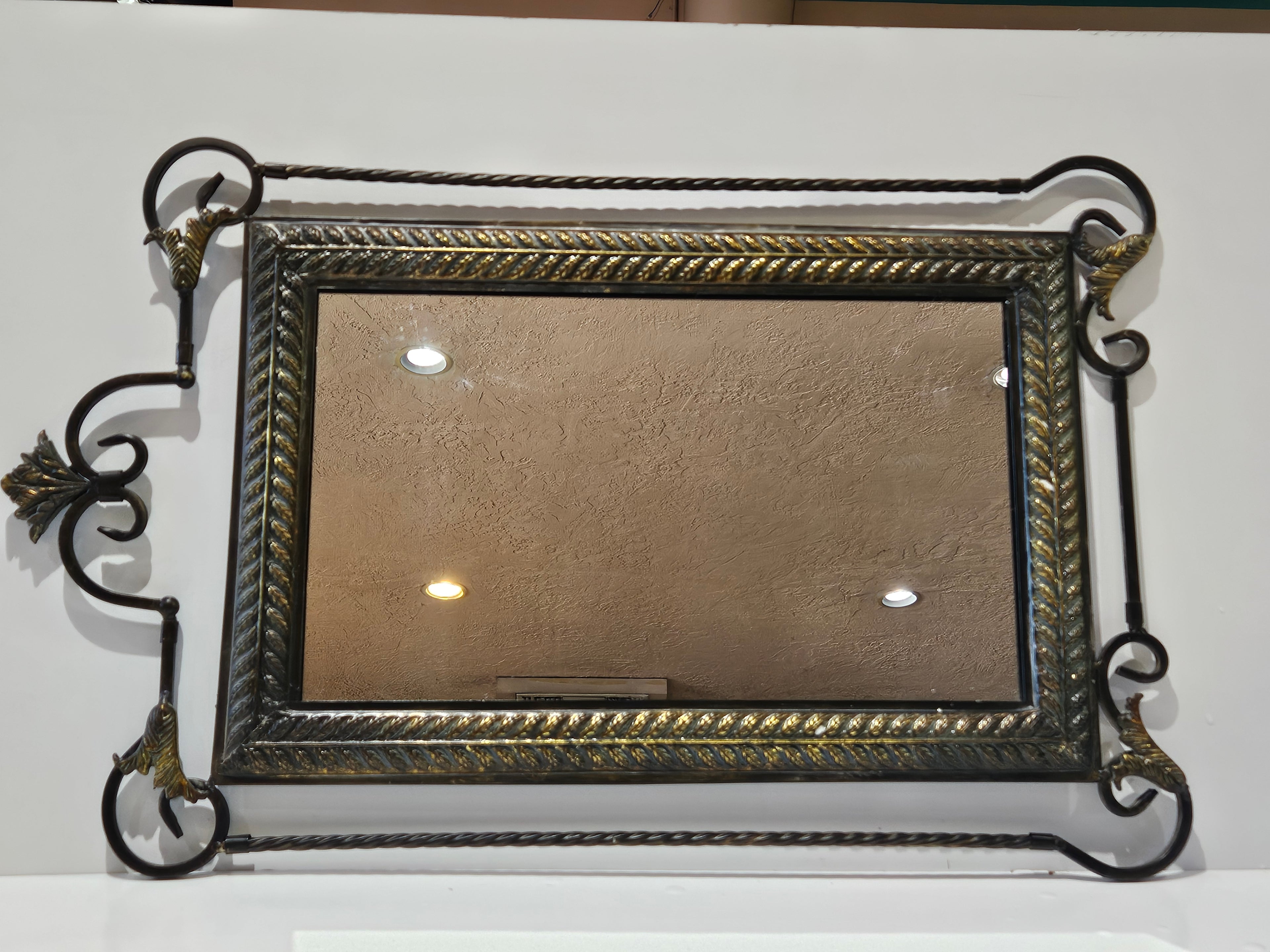 Large Vintage Ornate Metal Framed Wall Mirror Twisted Iron Gold Accent Decor