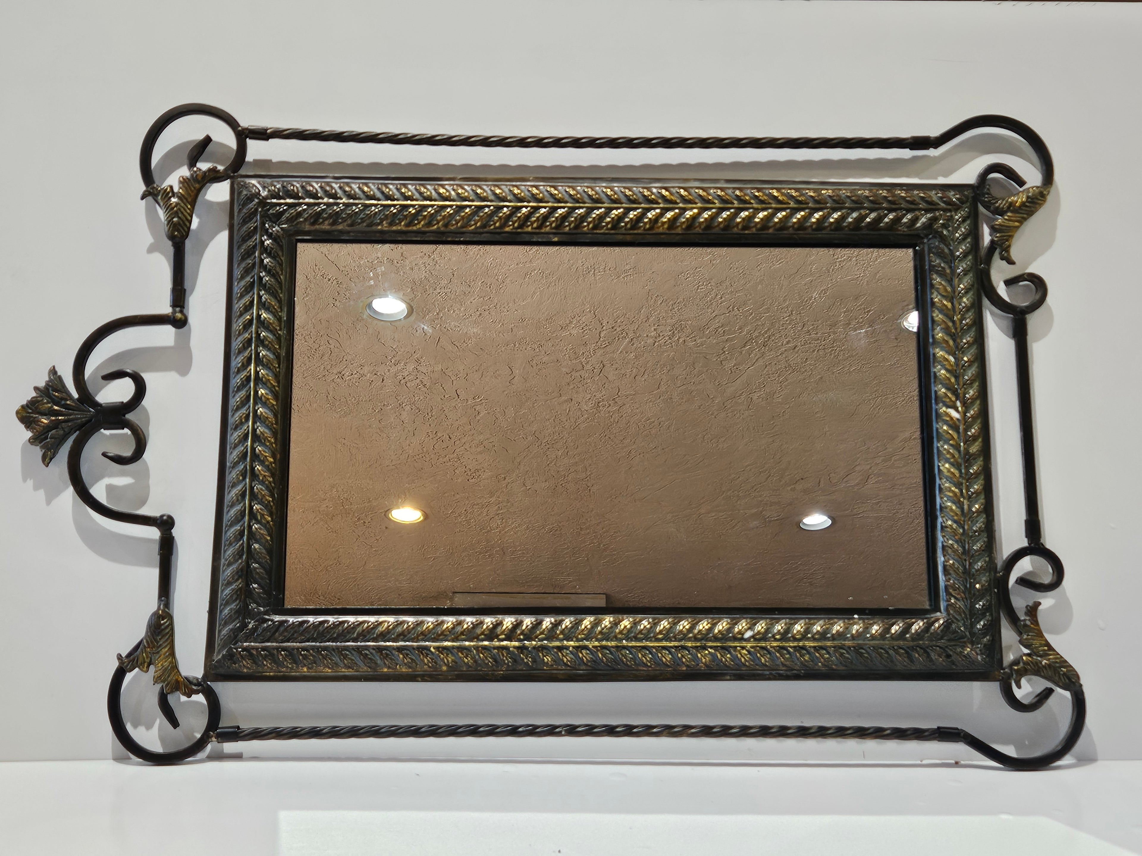 Large Vintage Ornate Metal Framed Wall Mirror Twisted Iron Gold Accent Decor