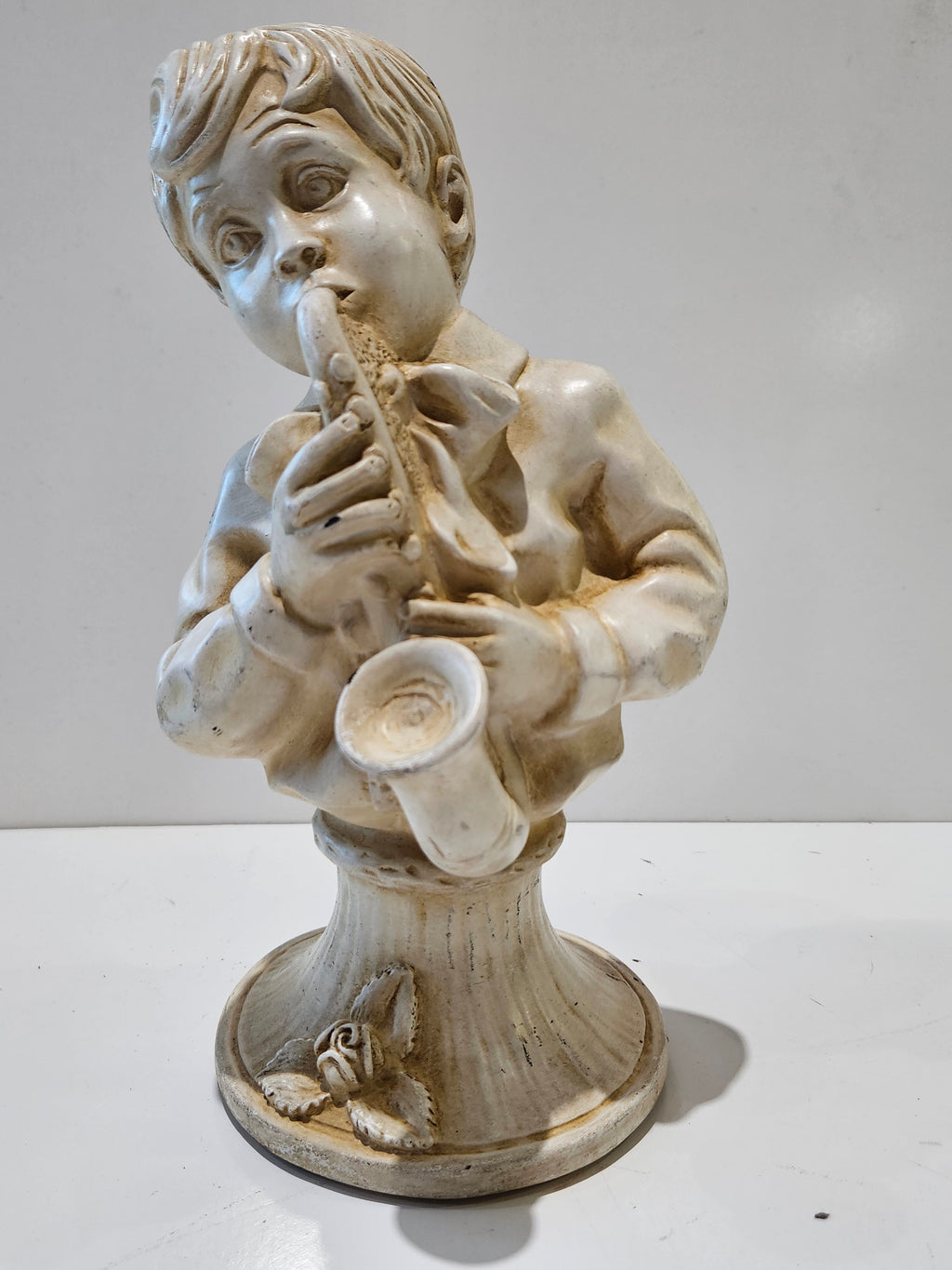 Vintage Mid Century Chalkware Boy & Girl Bust Figurine Pair Saxophone Musician