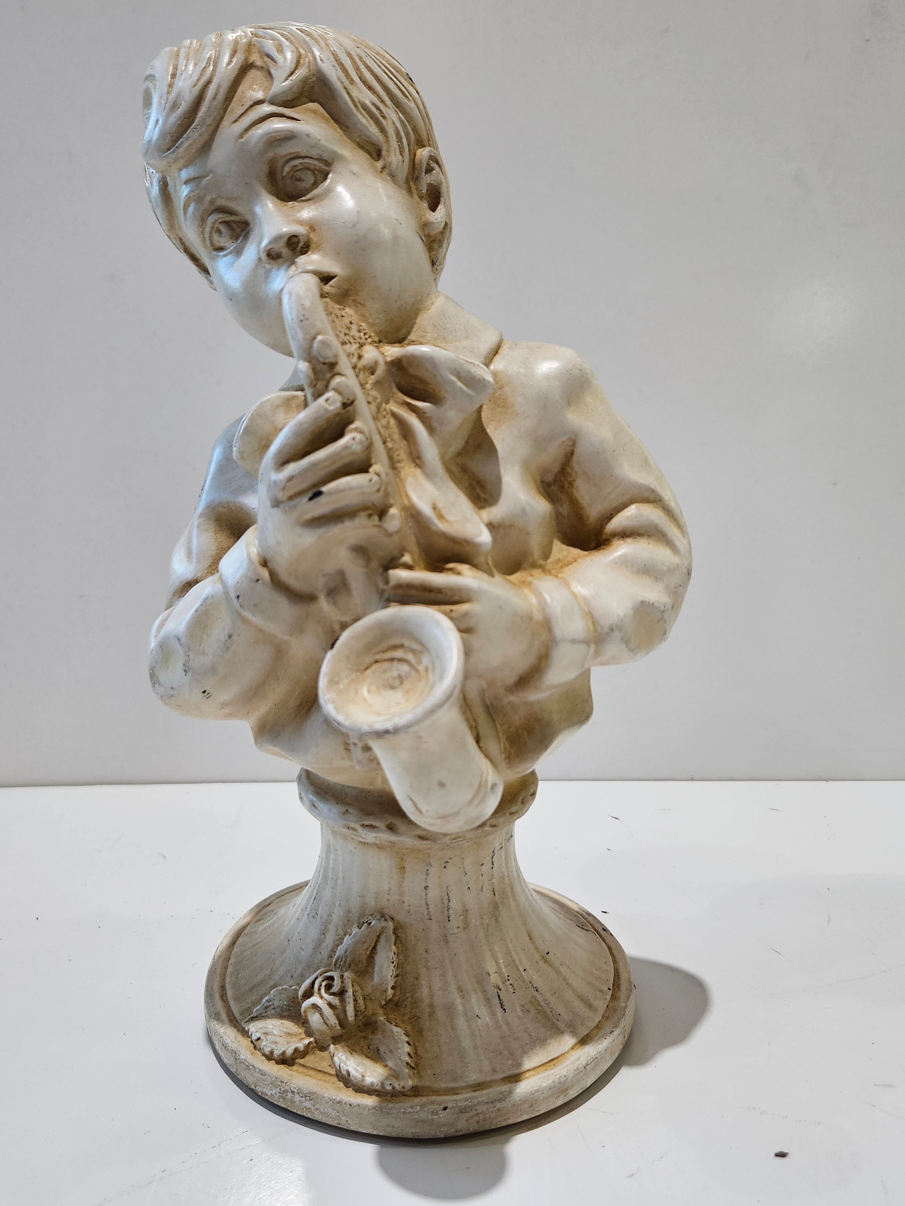 Vintage Mid Century Chalkware Boy & Girl Bust Figurine Pair Saxophone Musician