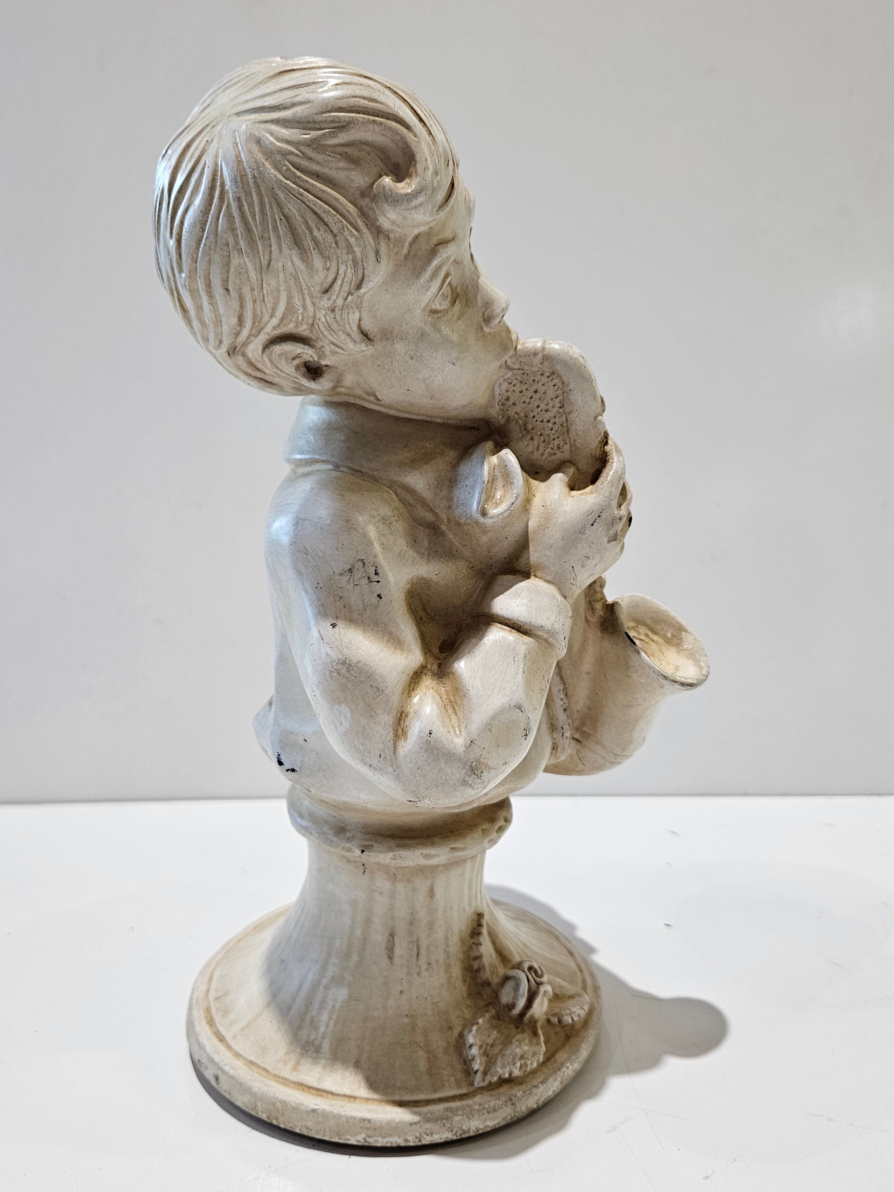 Vintage Mid Century Chalkware Boy & Girl Bust Figurine Pair Saxophone Musician