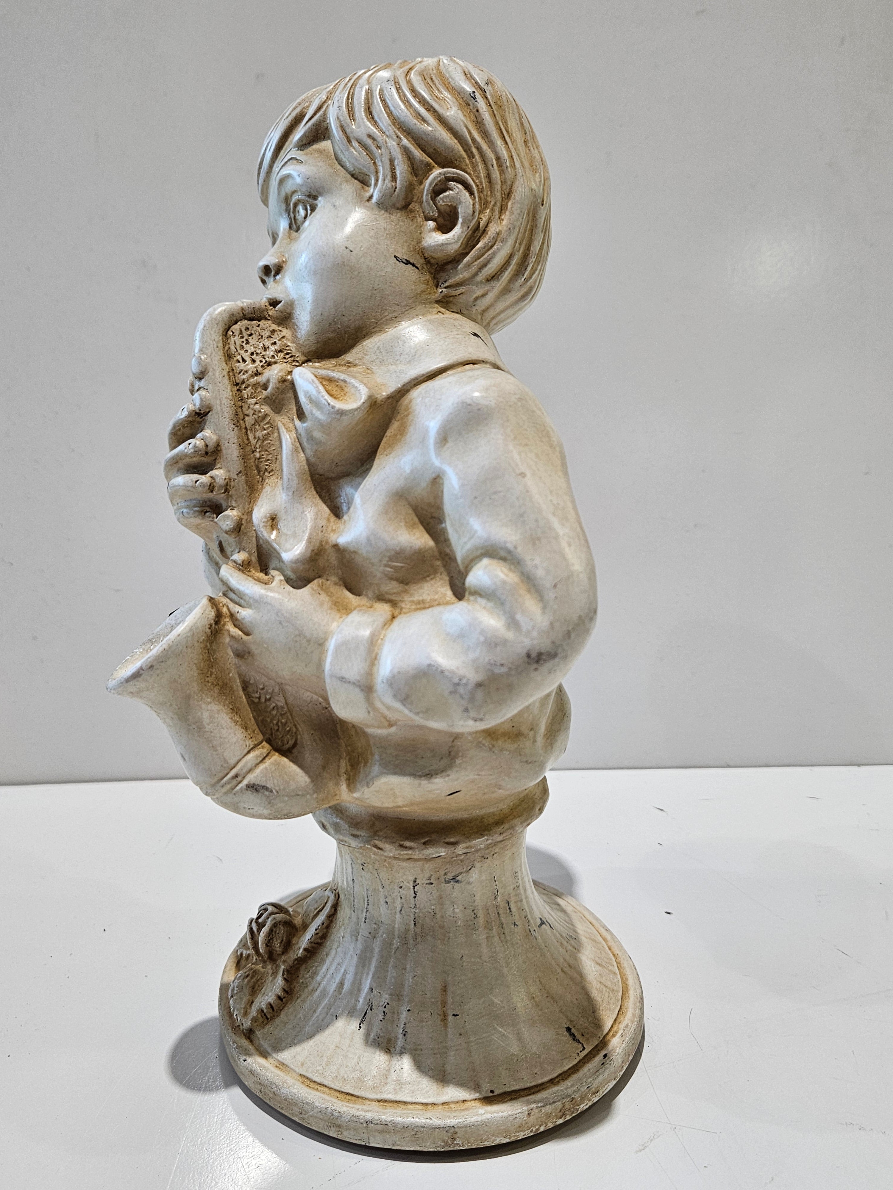 Vintage Mid Century Chalkware Boy & Girl Bust Figurine Pair Saxophone Musician