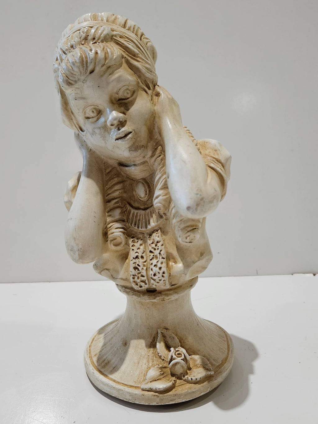 Vintage Mid Century Chalkware Boy & Girl Bust Figurine Pair Saxophone Musician