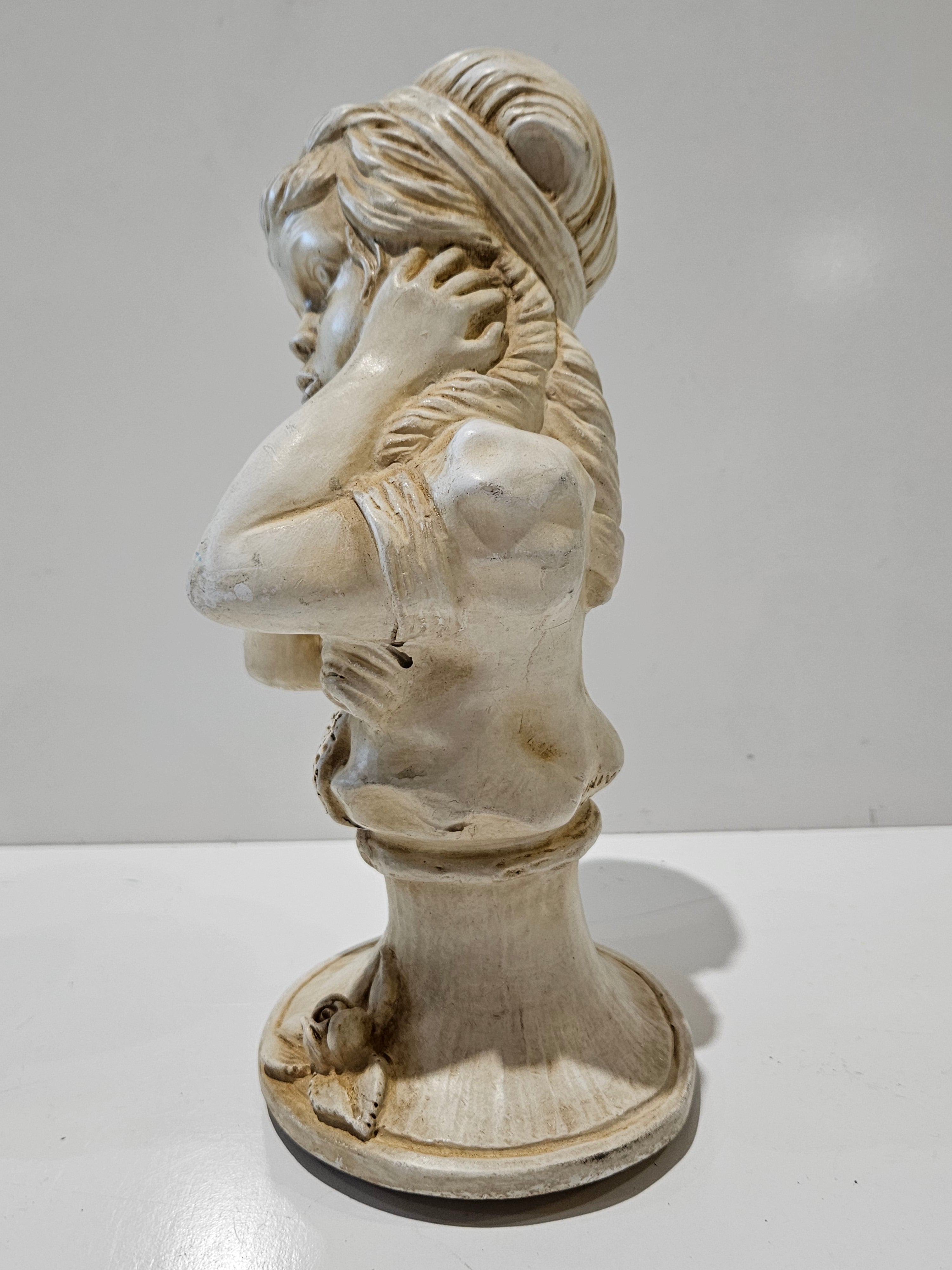 Vintage Mid Century Chalkware Boy & Girl Bust Figurine Pair Saxophone Musician