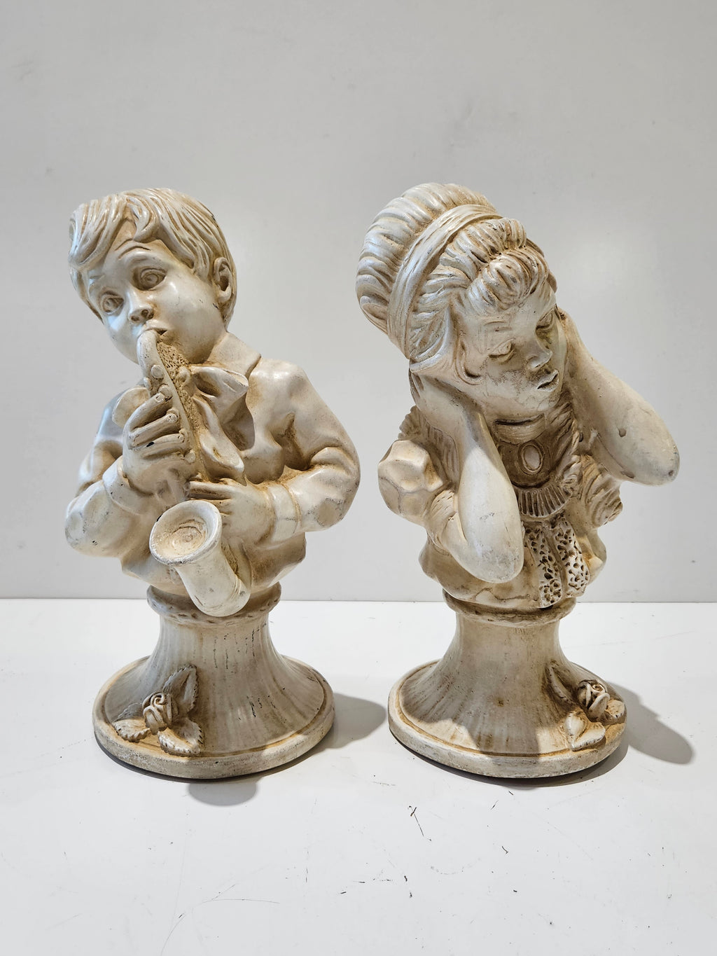 Vintage Mid Century Chalkware Boy & Girl Bust Figurine Pair Saxophone Musician