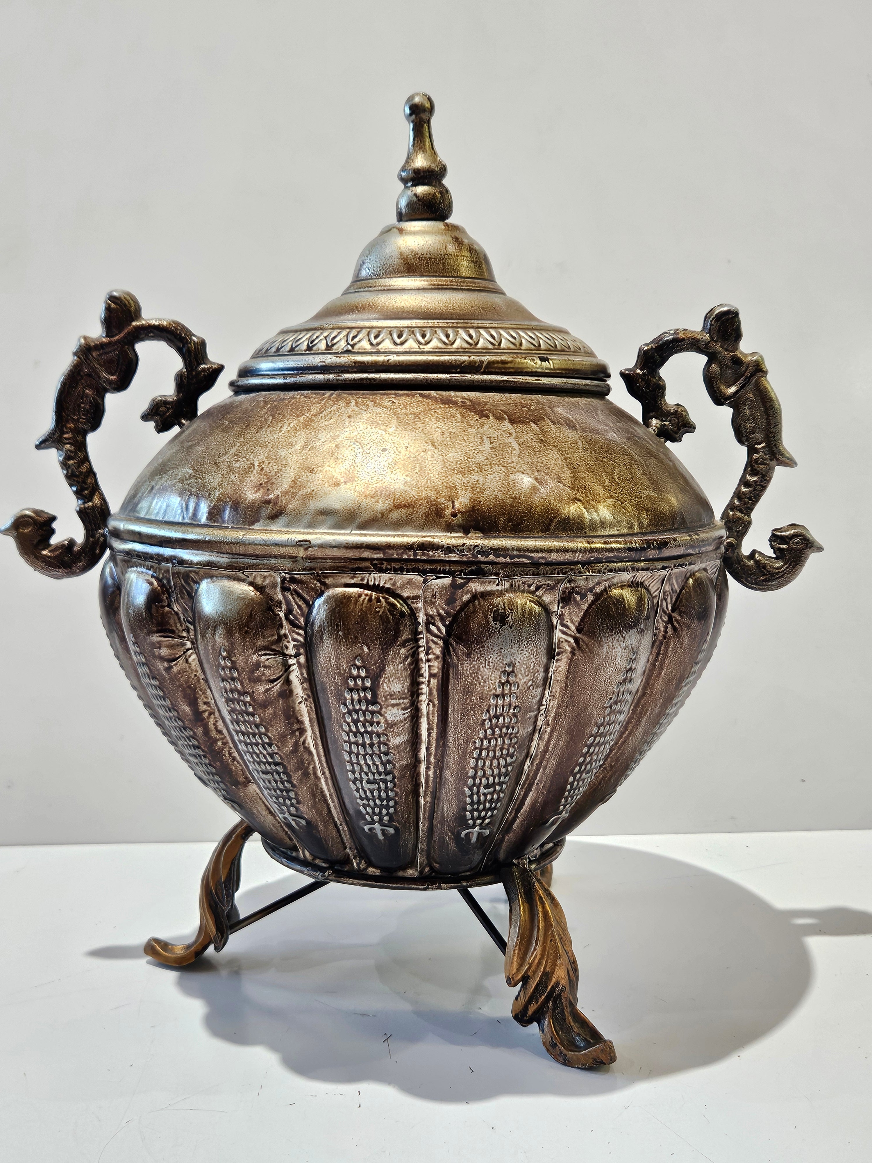 Vintage Ornate Lidded Footed Decorative Urn Canister Gold Tone Metal Home Decor