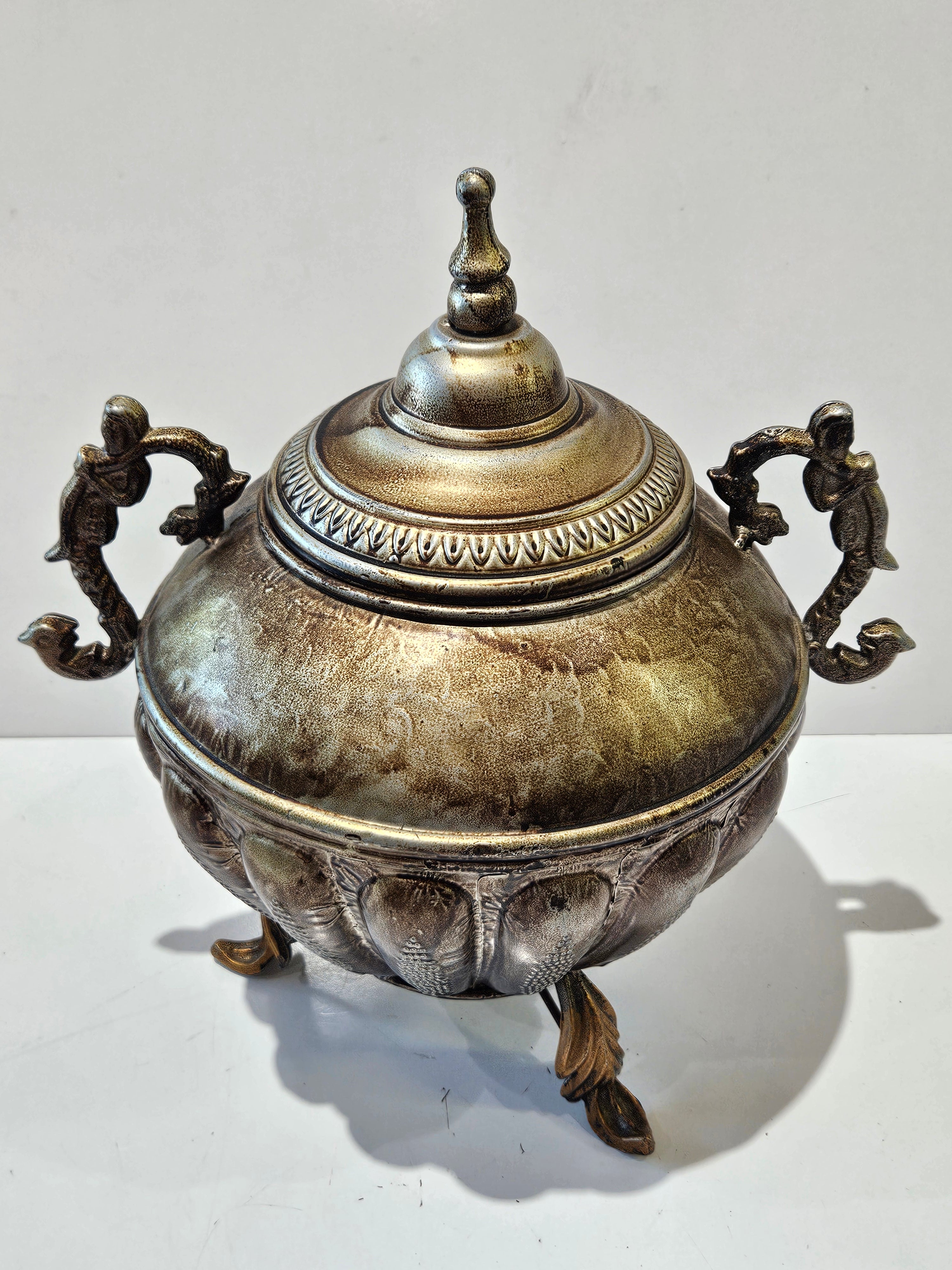 Vintage Ornate Lidded Footed Decorative Urn Canister Gold Tone Metal Home Decor