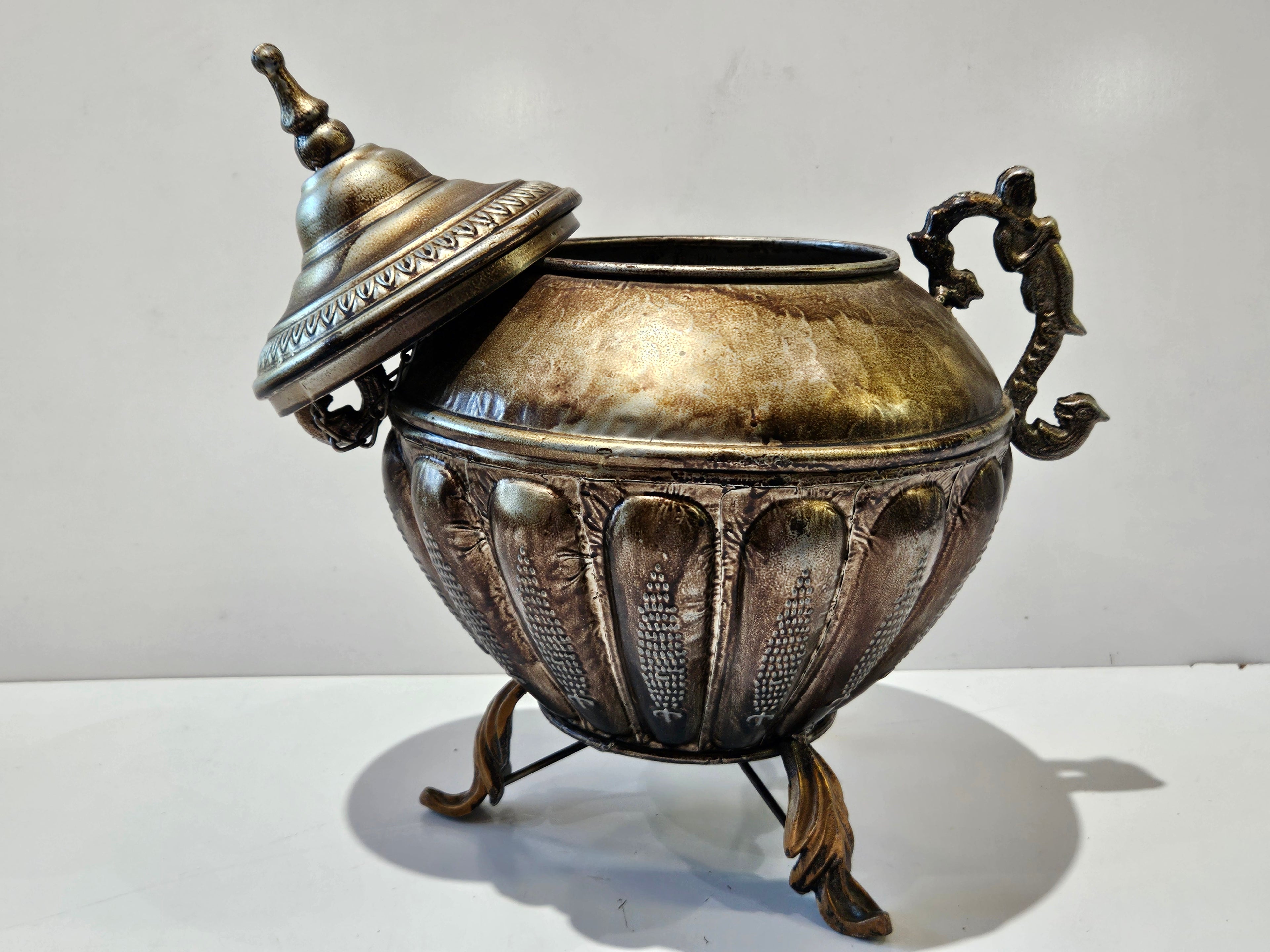 Vintage Ornate Lidded Footed Decorative Urn Canister Gold Tone Metal Home Decor