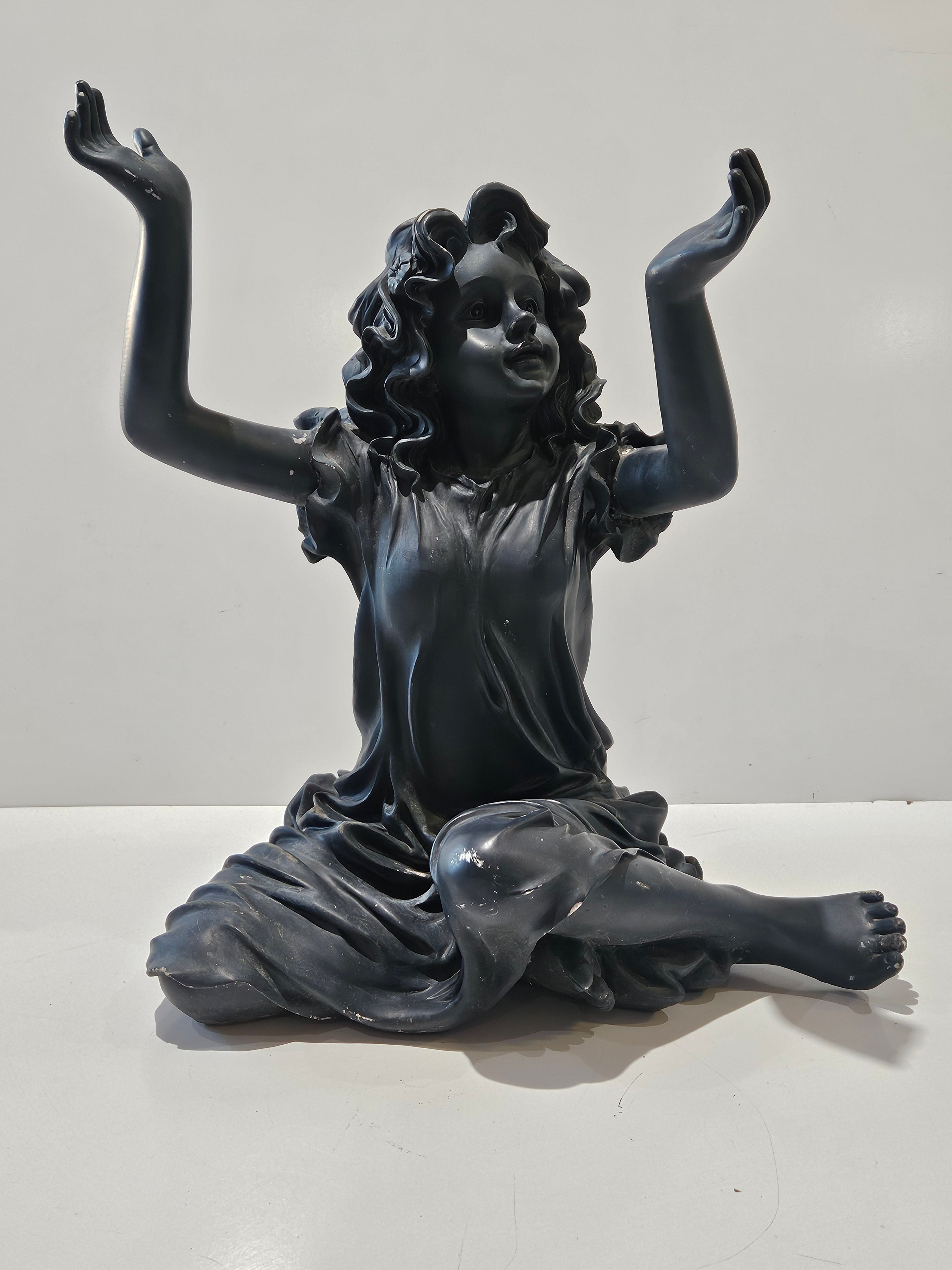 Vintage Large Seated Girl Figurine Black Resin Sculpture Decorative Statue Home Decor