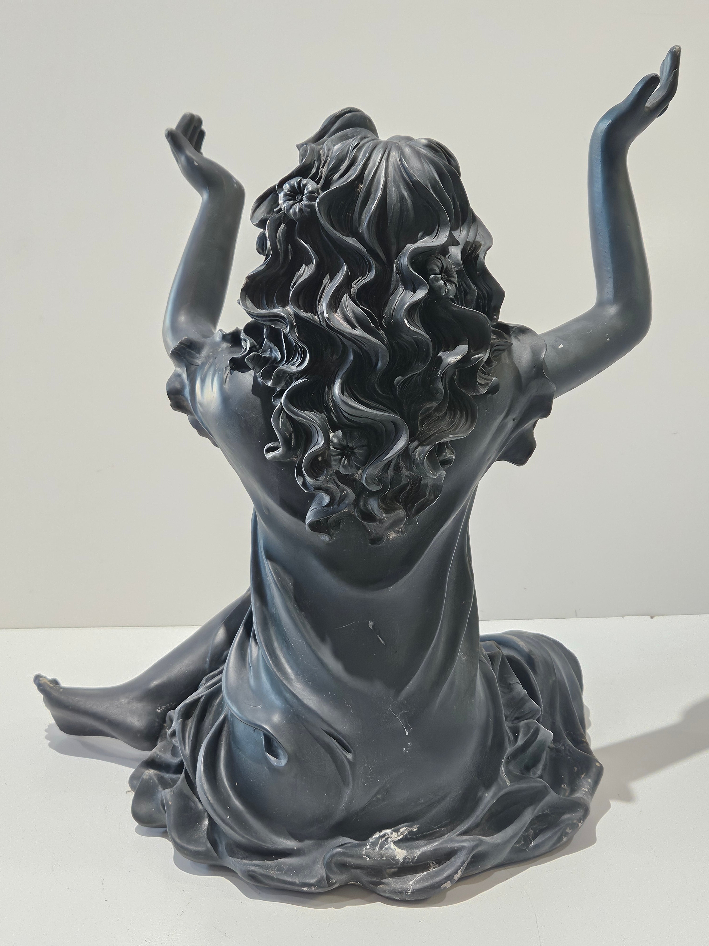 Vintage Large Seated Girl Figurine Black Resin Sculpture Decorative Statue Home Decor