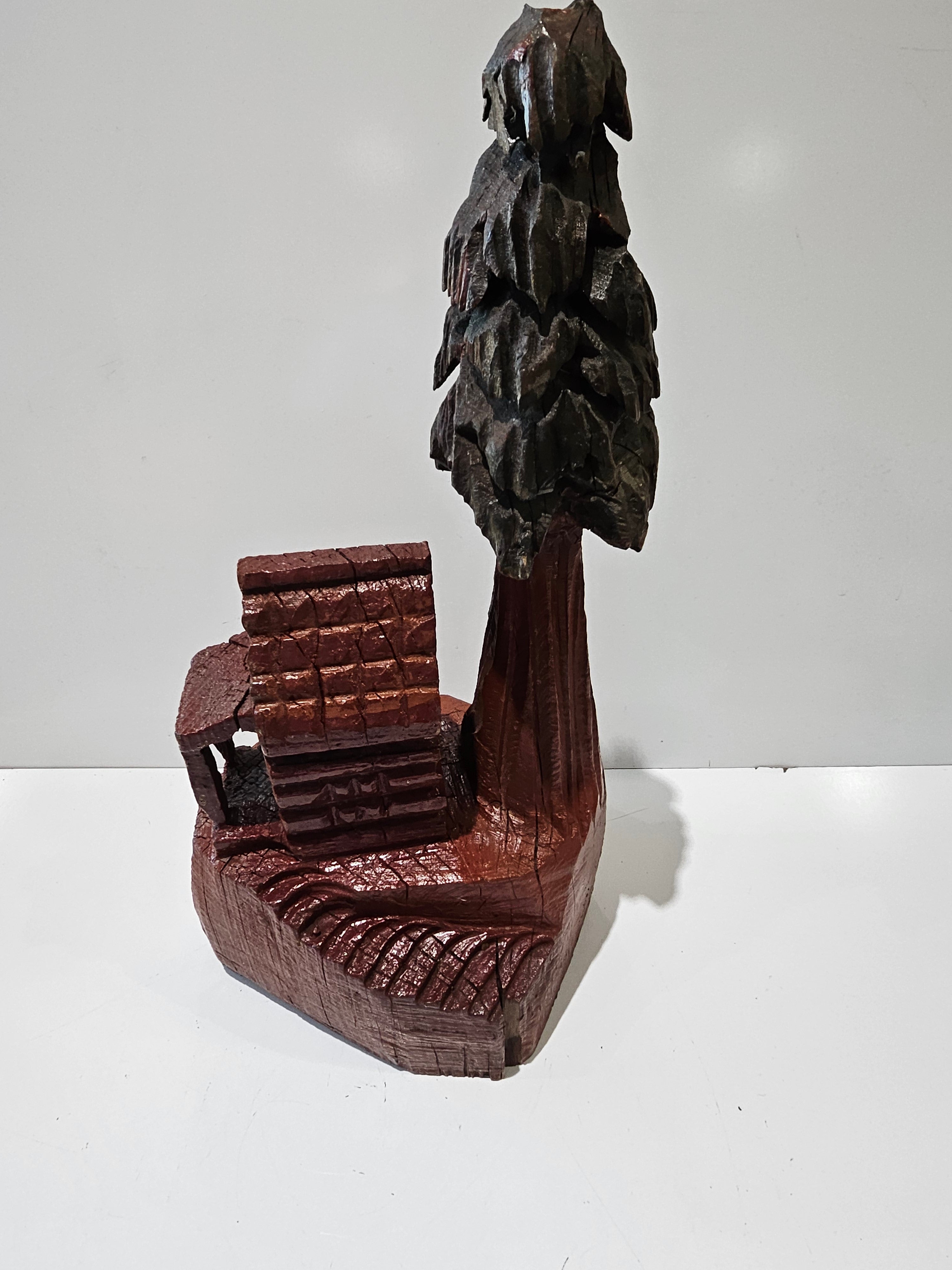 Hand Carved Wooden Cabin Tree Sculpture Rustic Folk Art Log Cabin Wood Carving Decor