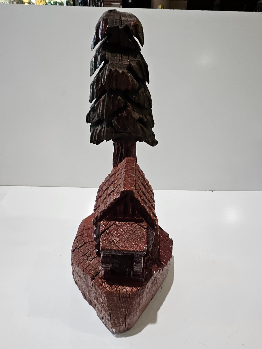 Hand Carved Wooden Cabin Tree Sculpture Rustic Folk Art Log Cabin Wood Carving Decor