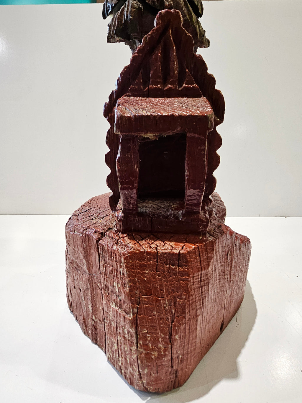 Hand Carved Wooden Cabin Tree Sculpture Rustic Folk Art Log Cabin Wood Carving Decor