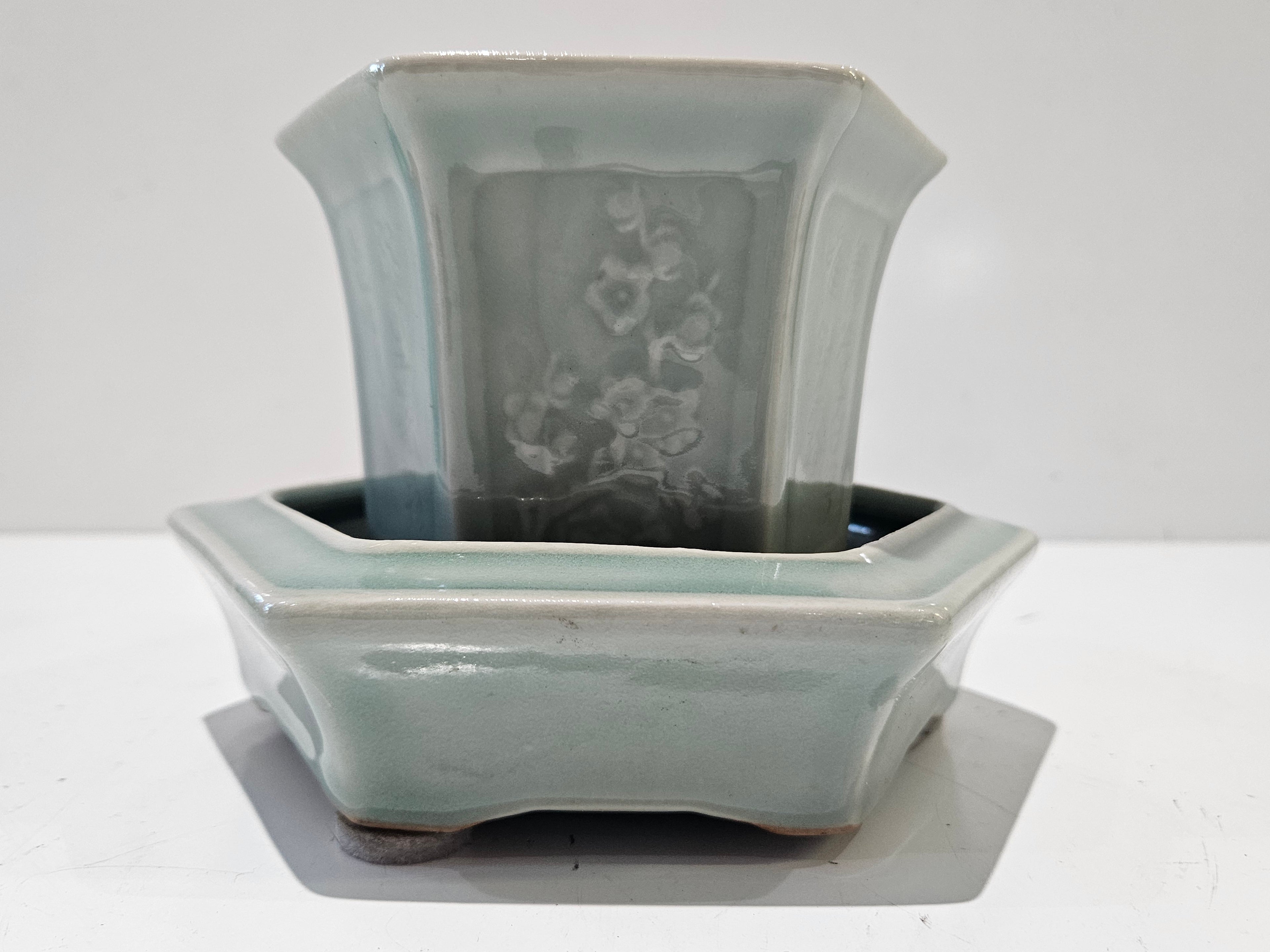 Vintage Celadon Glazed Hexagonal Ceramic Planter Vase Set Decorative Cachepot