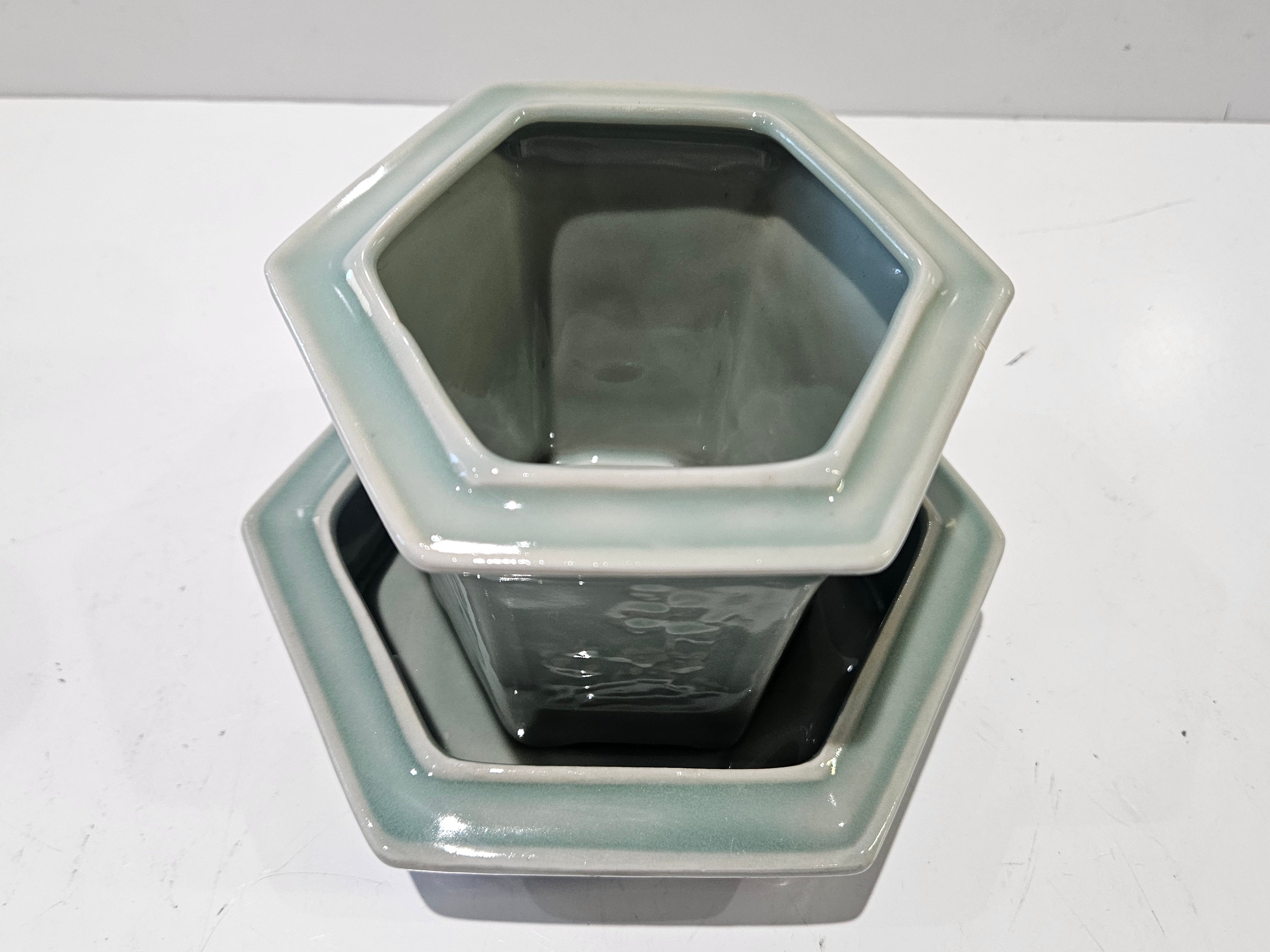 Vintage Celadon Glazed Hexagonal Ceramic Planter Vase Set Decorative Cachepot