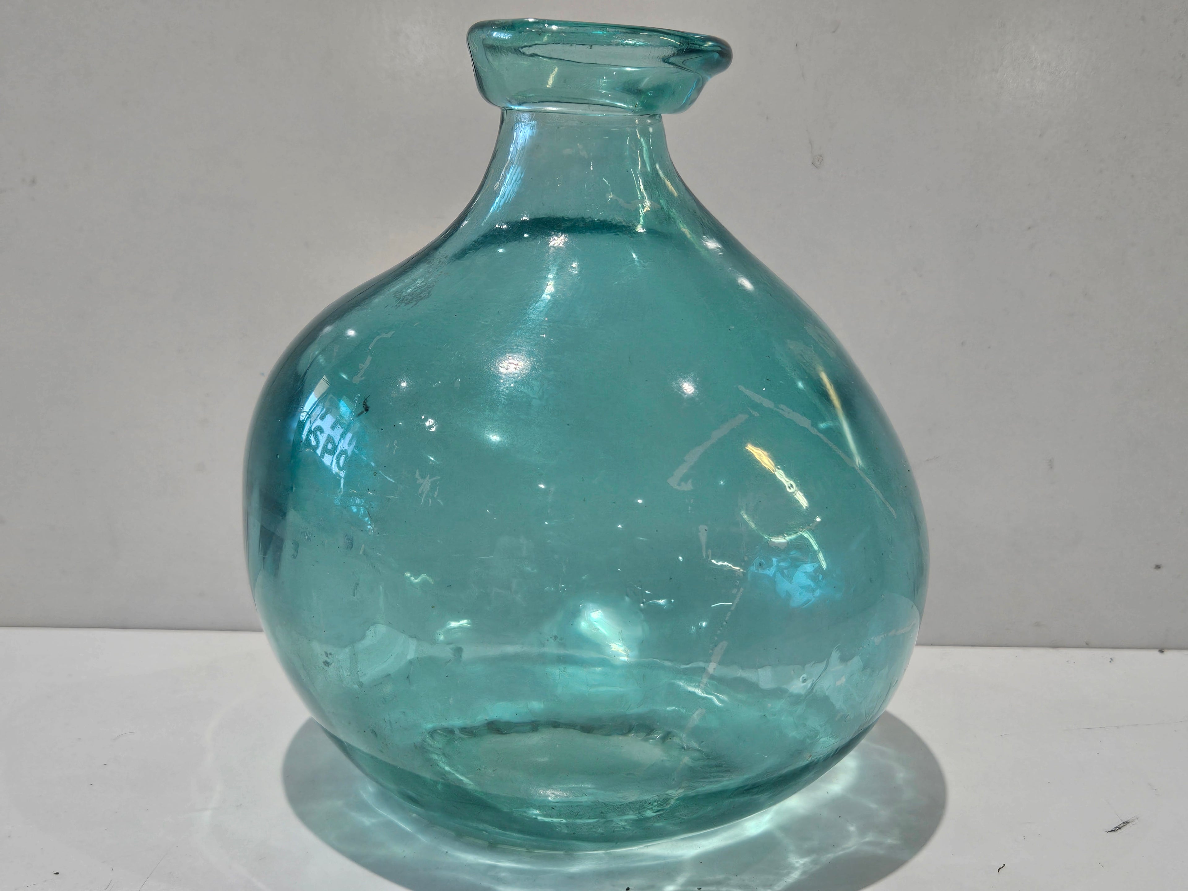 Vintage Aqua Blown Glass Demijohn Bottle Hand Blown Decorative Carboy Vase