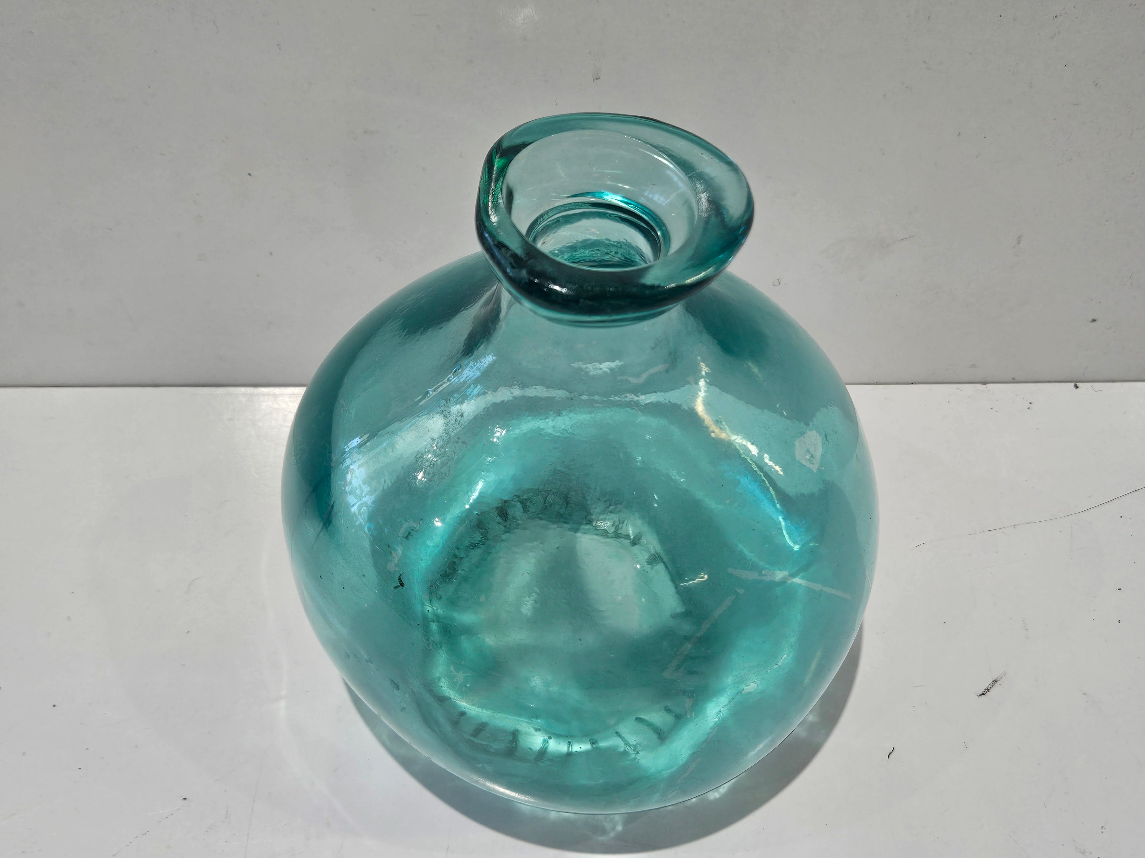 Vintage Aqua Blown Glass Demijohn Bottle Hand Blown Decorative Carboy Vase