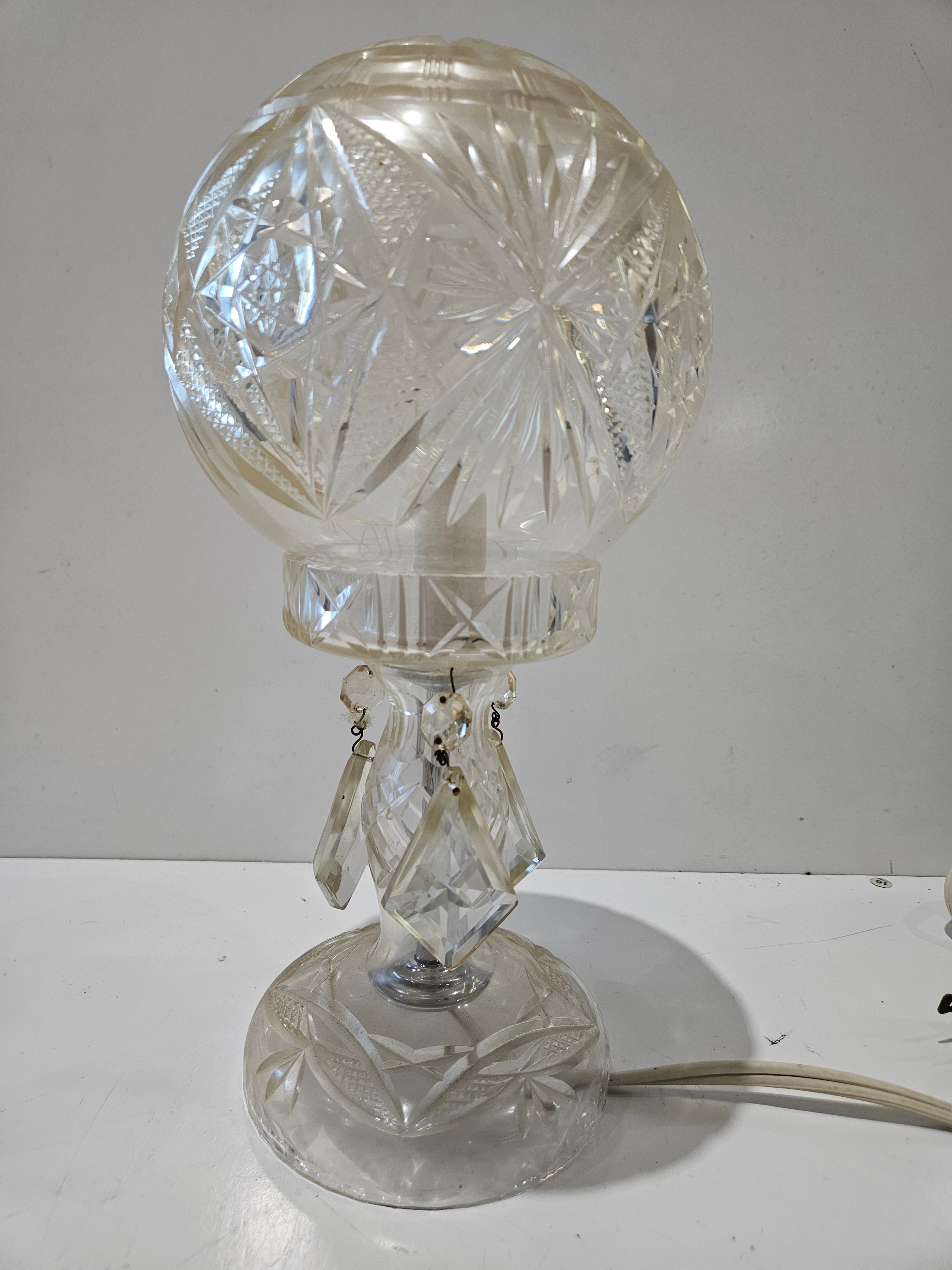 Vintage Cut Crystal Globe Table Lamp Hanging Prism Accent Lighting Decor