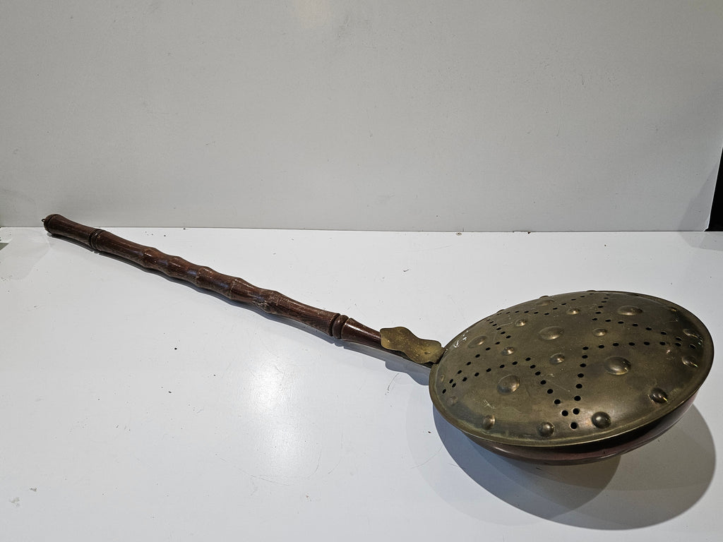Vintage Copper Chestnut Roasting Pan Brass Perforated Lid Long Turned Wood Handle