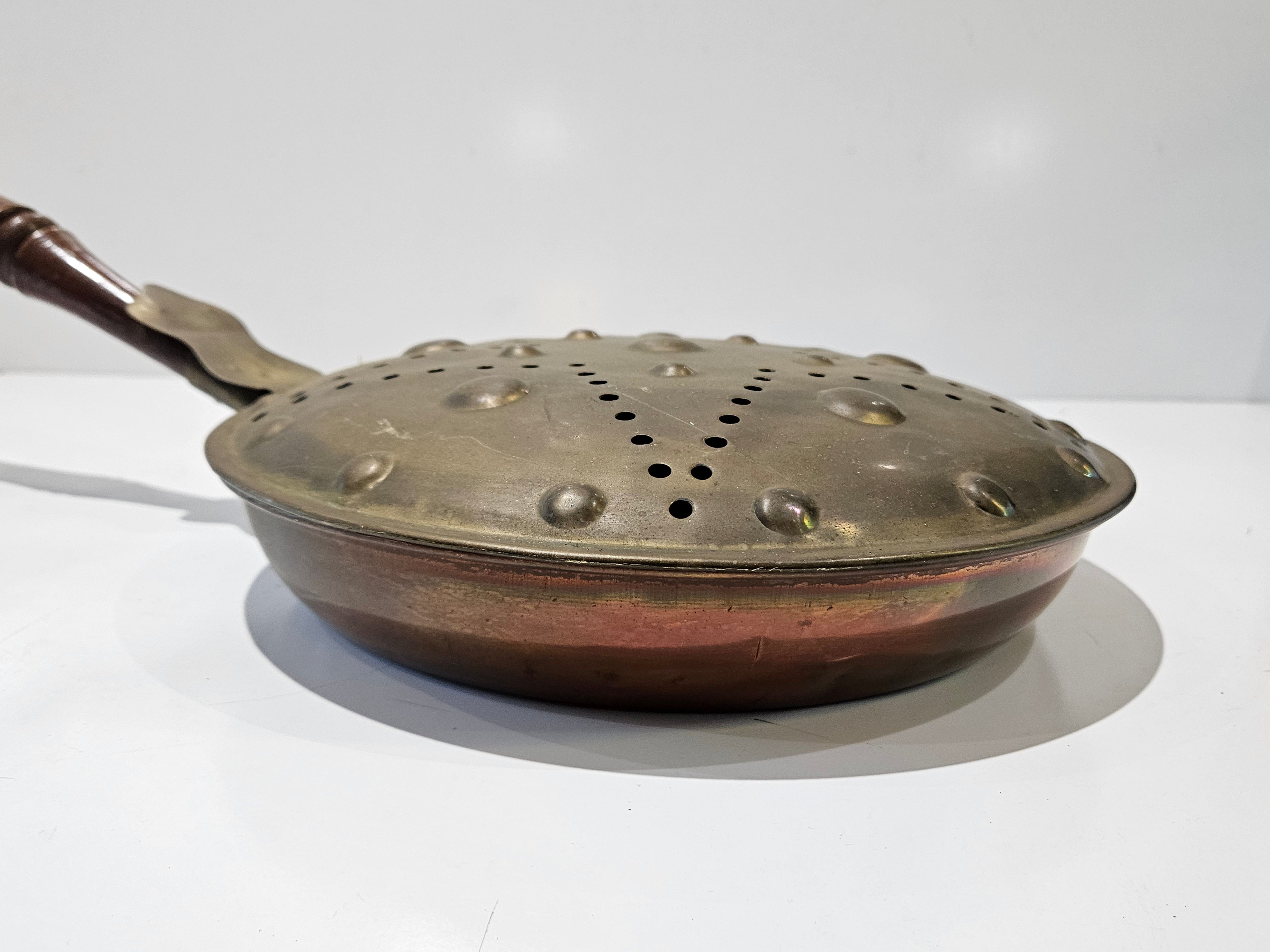 Vintage Copper Chestnut Roasting Pan Brass Perforated Lid Long Turned Wood Handle