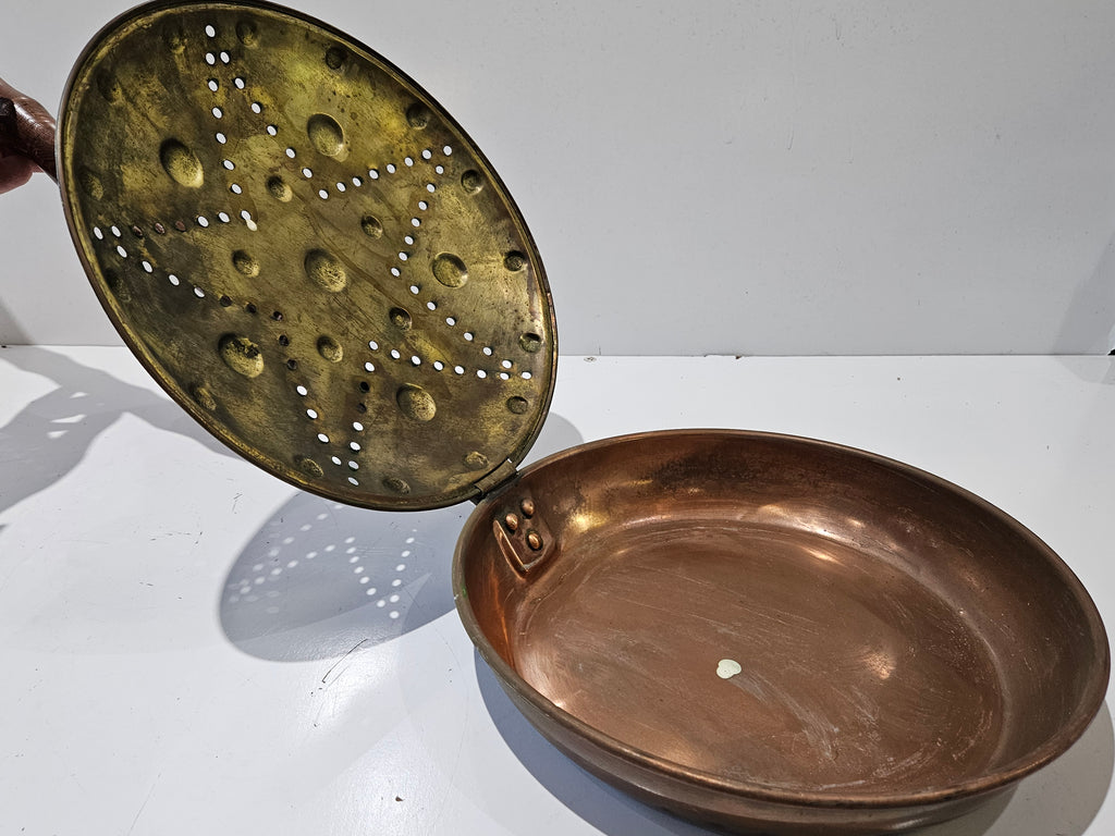Vintage Copper Chestnut Roasting Pan Brass Perforated Lid Long Turned Wood Handle