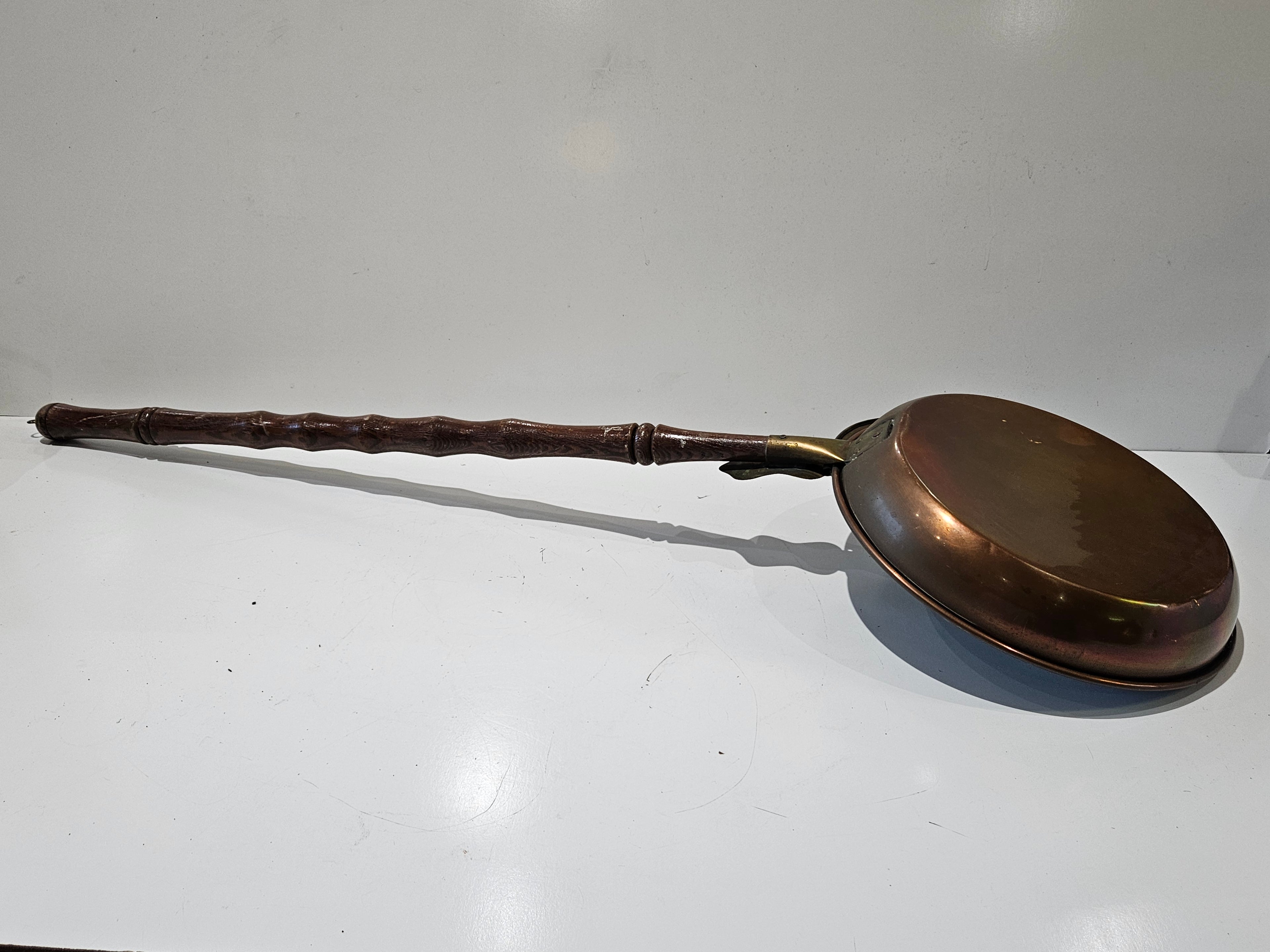 Vintage Copper Chestnut Roasting Pan Brass Perforated Lid Long Turned Wood Handle
