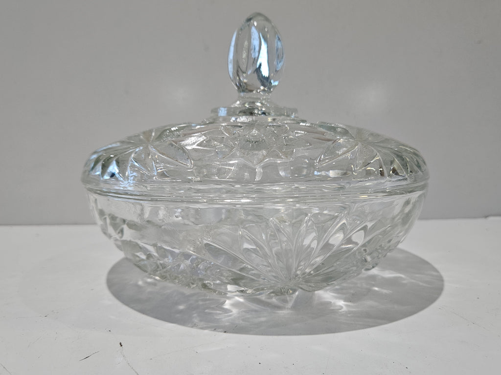Vintage Pressed Cut Glass Lidded Candy Dish Covered Candy Bowl Floral Starburst