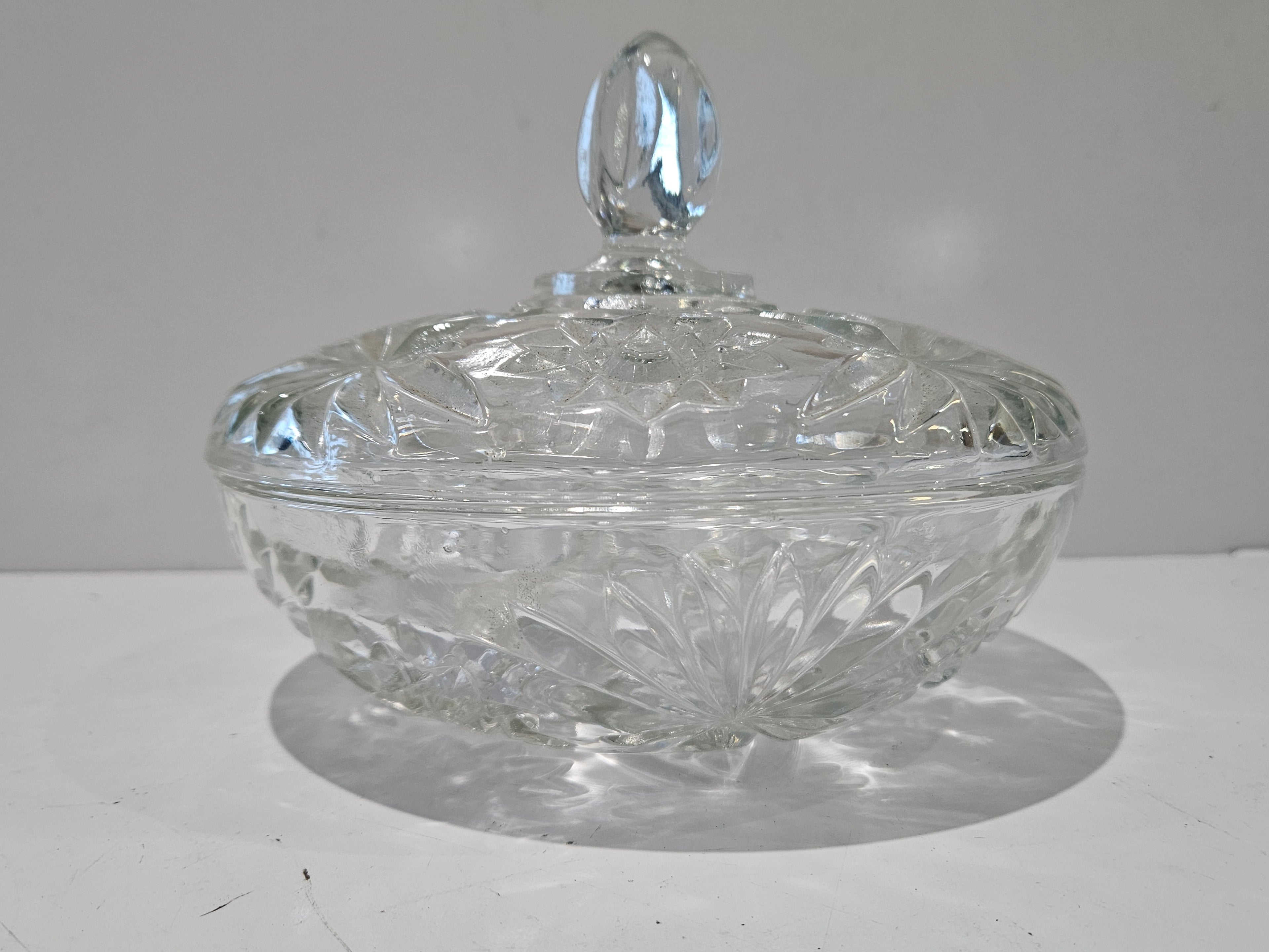 Vintage Pressed Cut Glass Lidded Candy Dish Covered Candy Bowl Floral Starburst