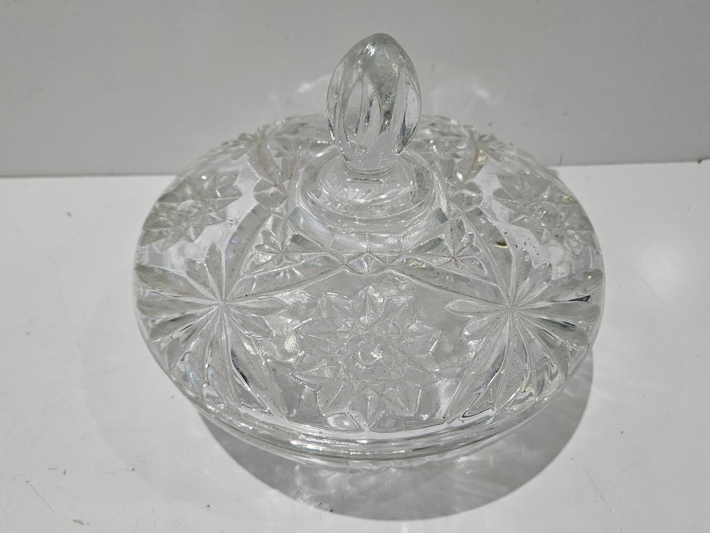 Vintage Pressed Cut Glass Lidded Candy Dish Covered Candy Bowl Floral Starburst
