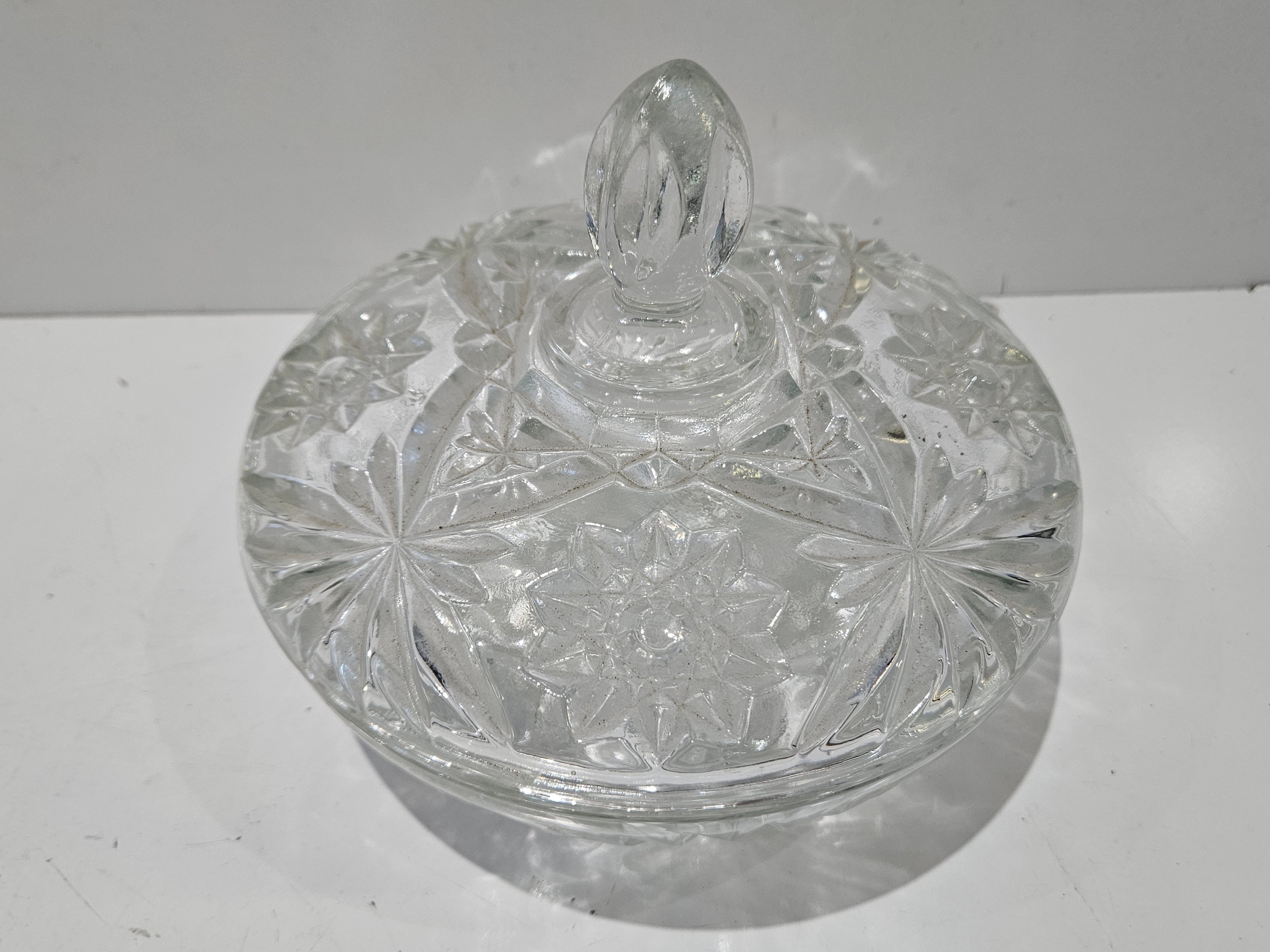 Vintage Pressed Cut Glass Lidded Candy Dish Covered Candy Bowl Floral Starburst