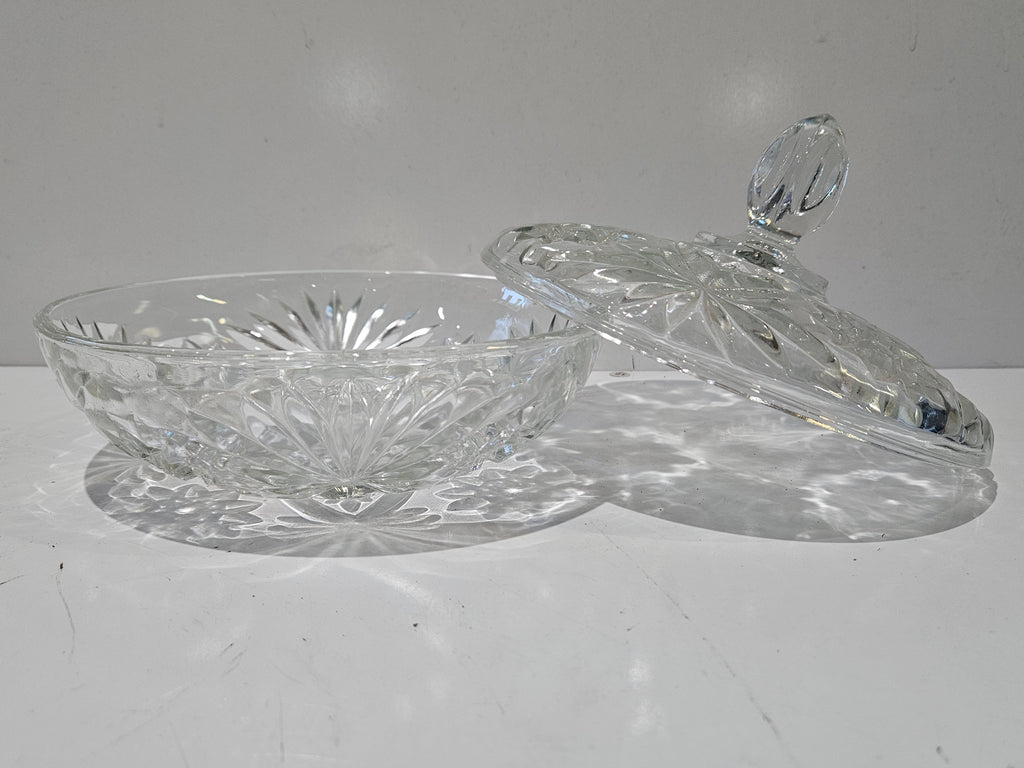 Vintage Pressed Cut Glass Lidded Candy Dish Covered Candy Bowl Floral Starburst
