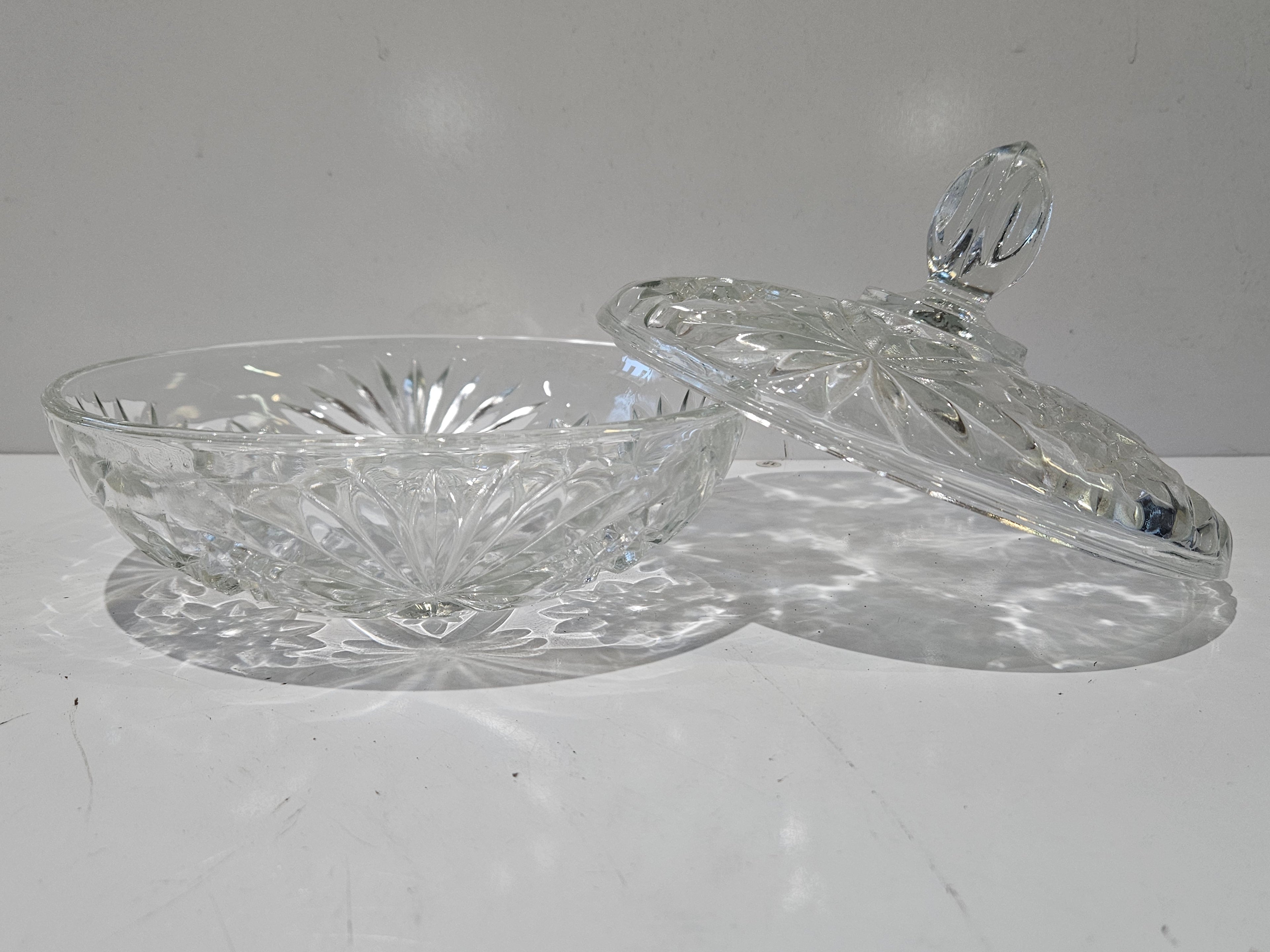 Vintage Pressed Cut Glass Lidded Candy Dish Covered Candy Bowl Floral Starburst