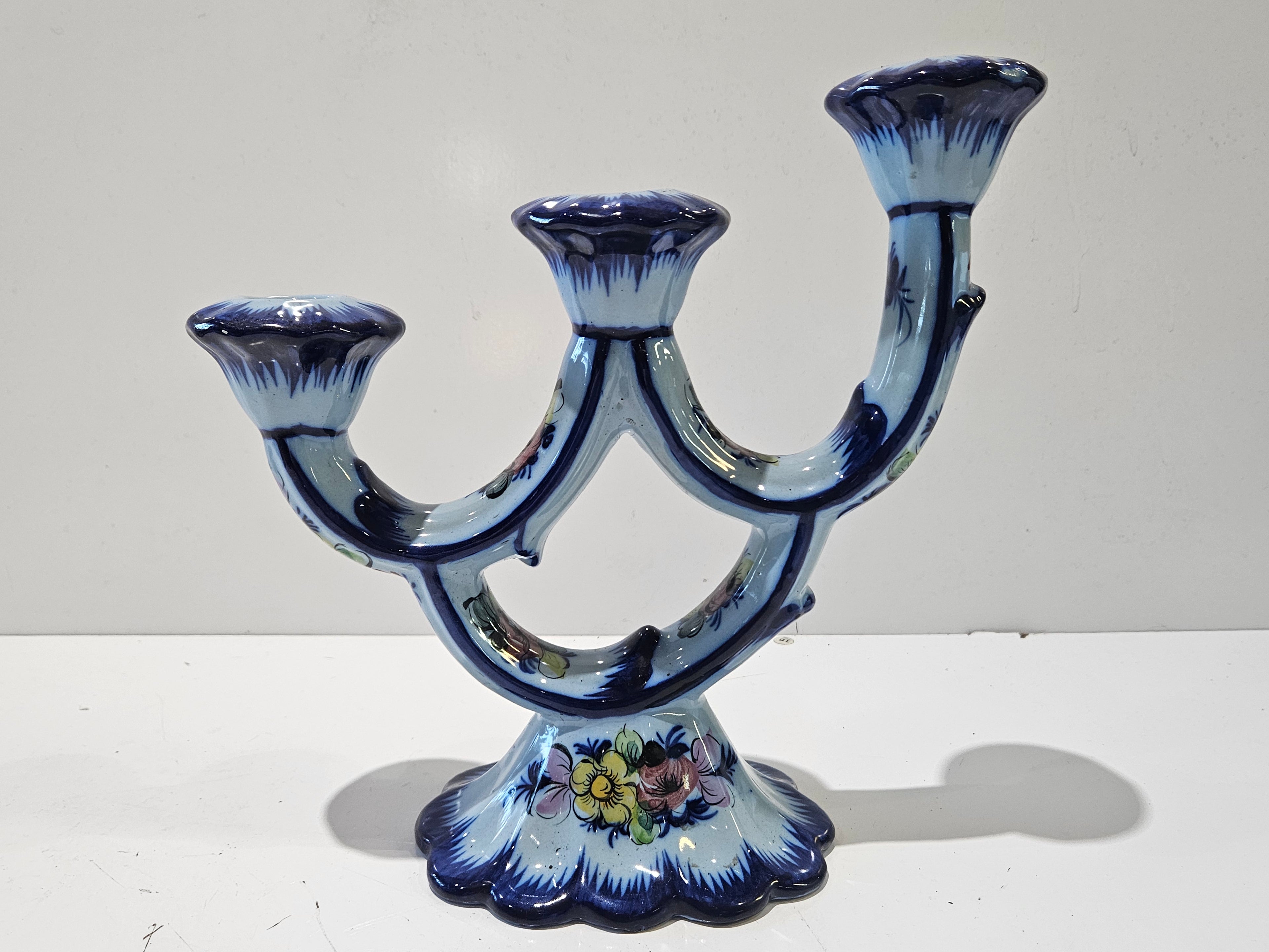 Vintage Hand Painted Blue Floral Ceramic Three Arm Candelabra Candle Holder Decor
