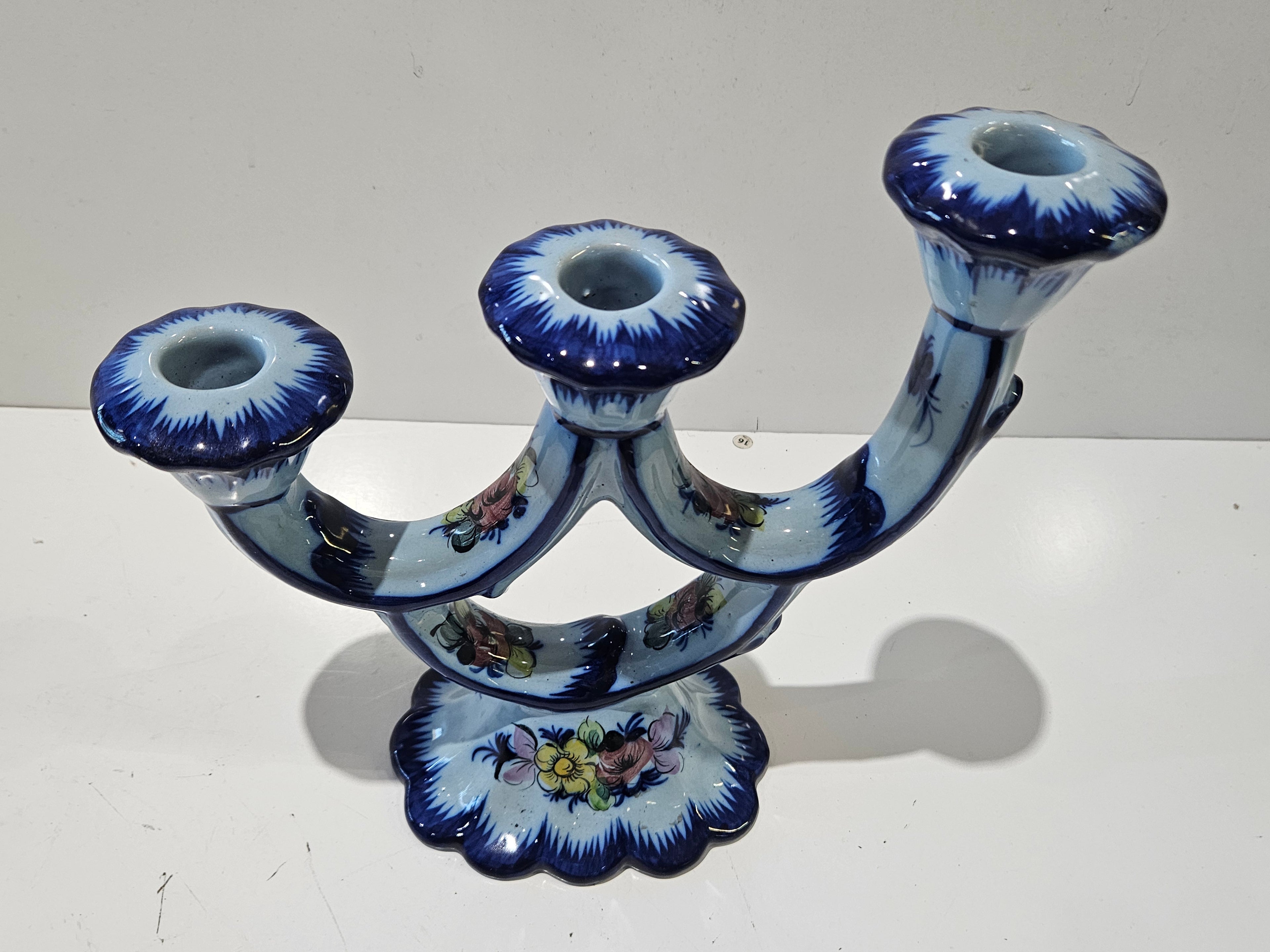 Vintage Hand Painted Blue Floral Ceramic Three Arm Candelabra Candle Holder Decor