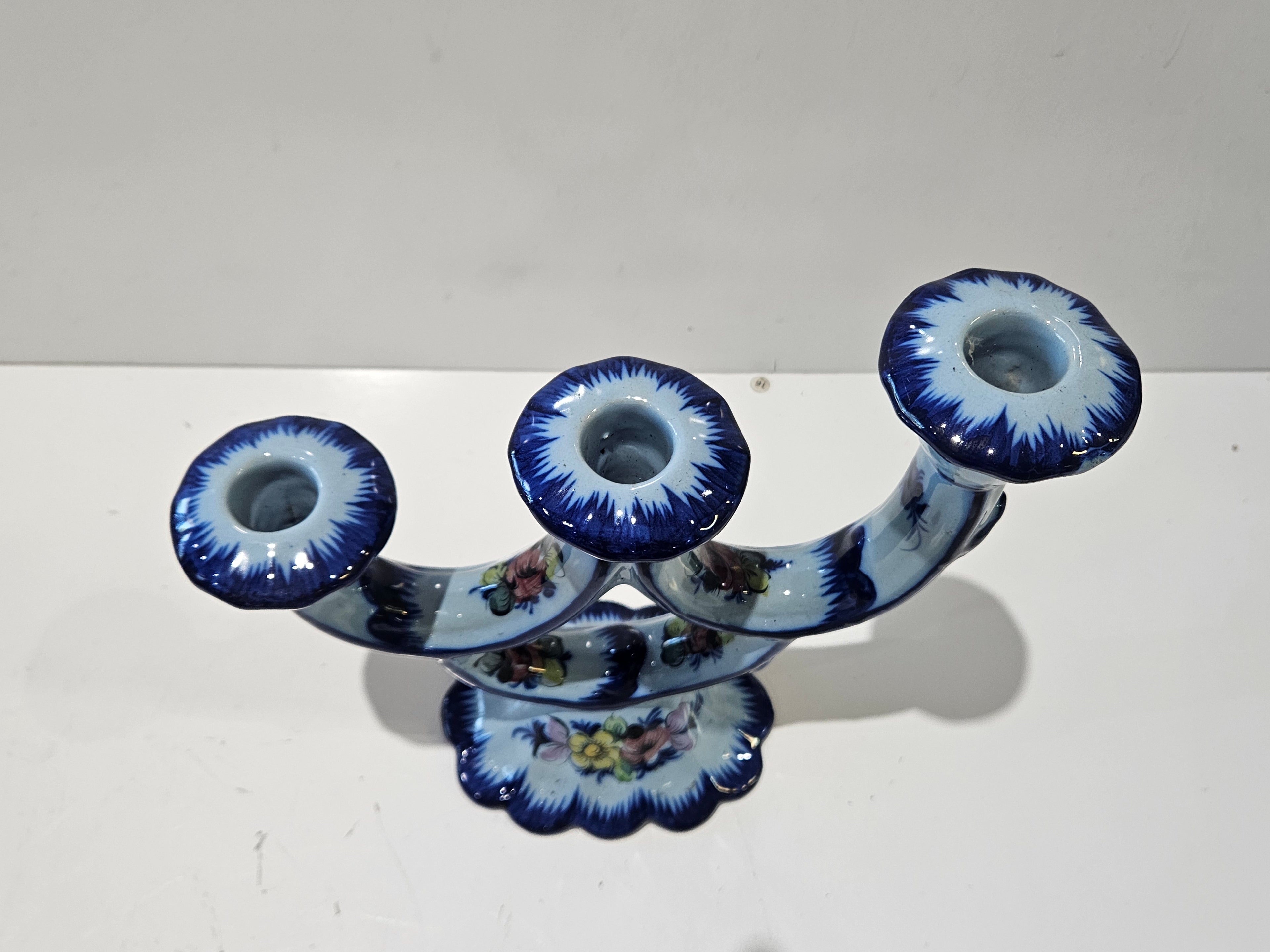 Vintage Hand Painted Blue Floral Ceramic Three Arm Candelabra Candle Holder Decor