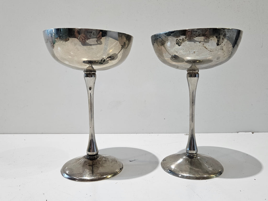 Vintage Pair Silver Plated Champagne Coupe Goblets Made In Hong Kong Barware Set