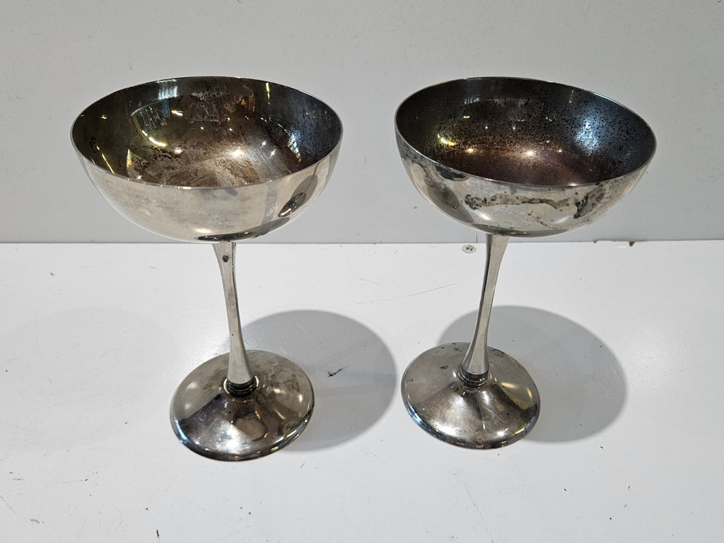 Vintage Pair Silver Plated Champagne Coupe Goblets Made In Hong Kong Barware Set