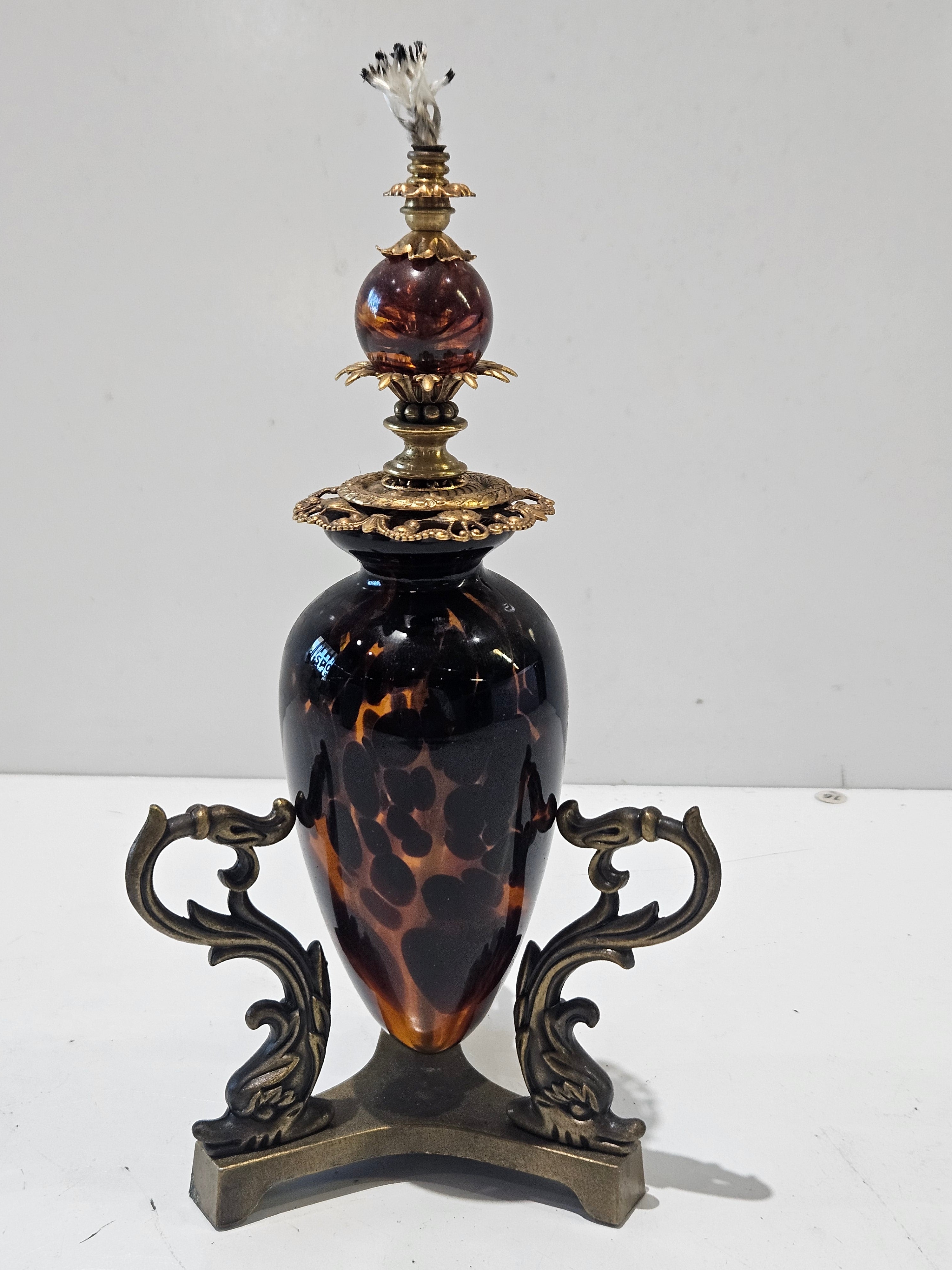 Vintage Amber Art Glass Oil Lamp Ornate Brass Base Decorative Table Accent Light