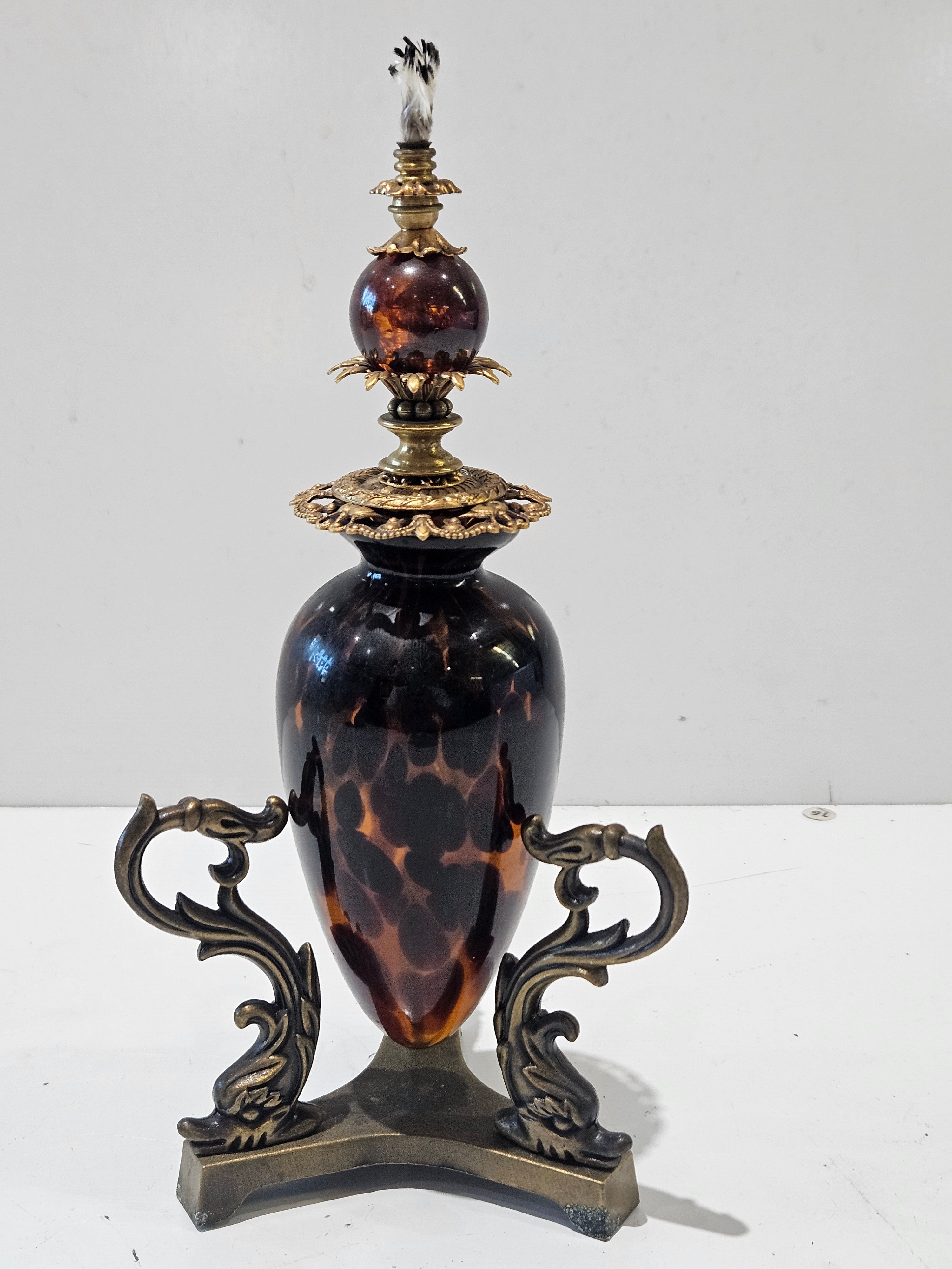 Vintage Amber Art Glass Oil Lamp Ornate Brass Base Decorative Table Accent Light
