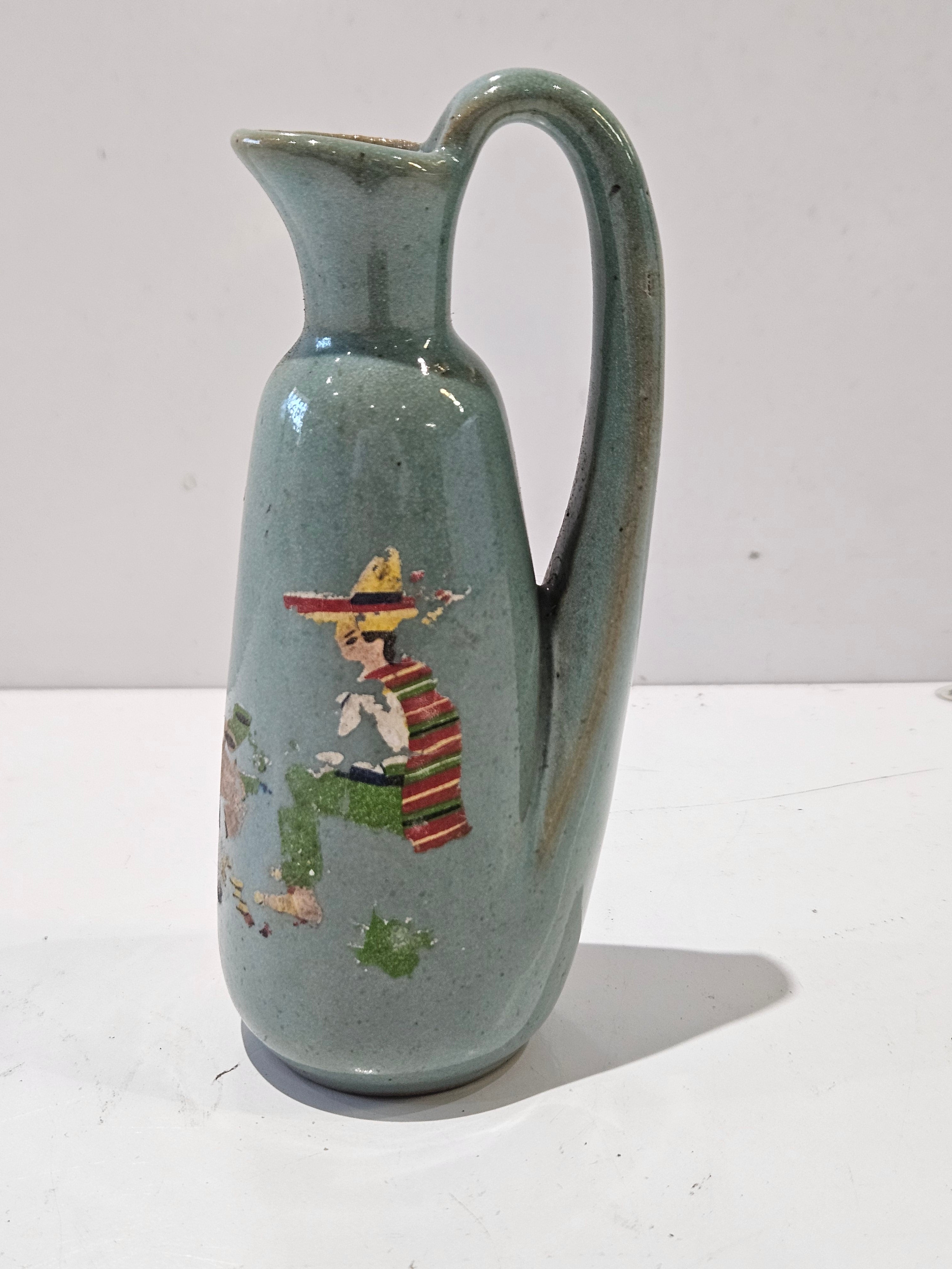 Vintage Japanese Celadon Pottery Sake Pitcher Ewer Handled Ceramic Vase 11.5 In