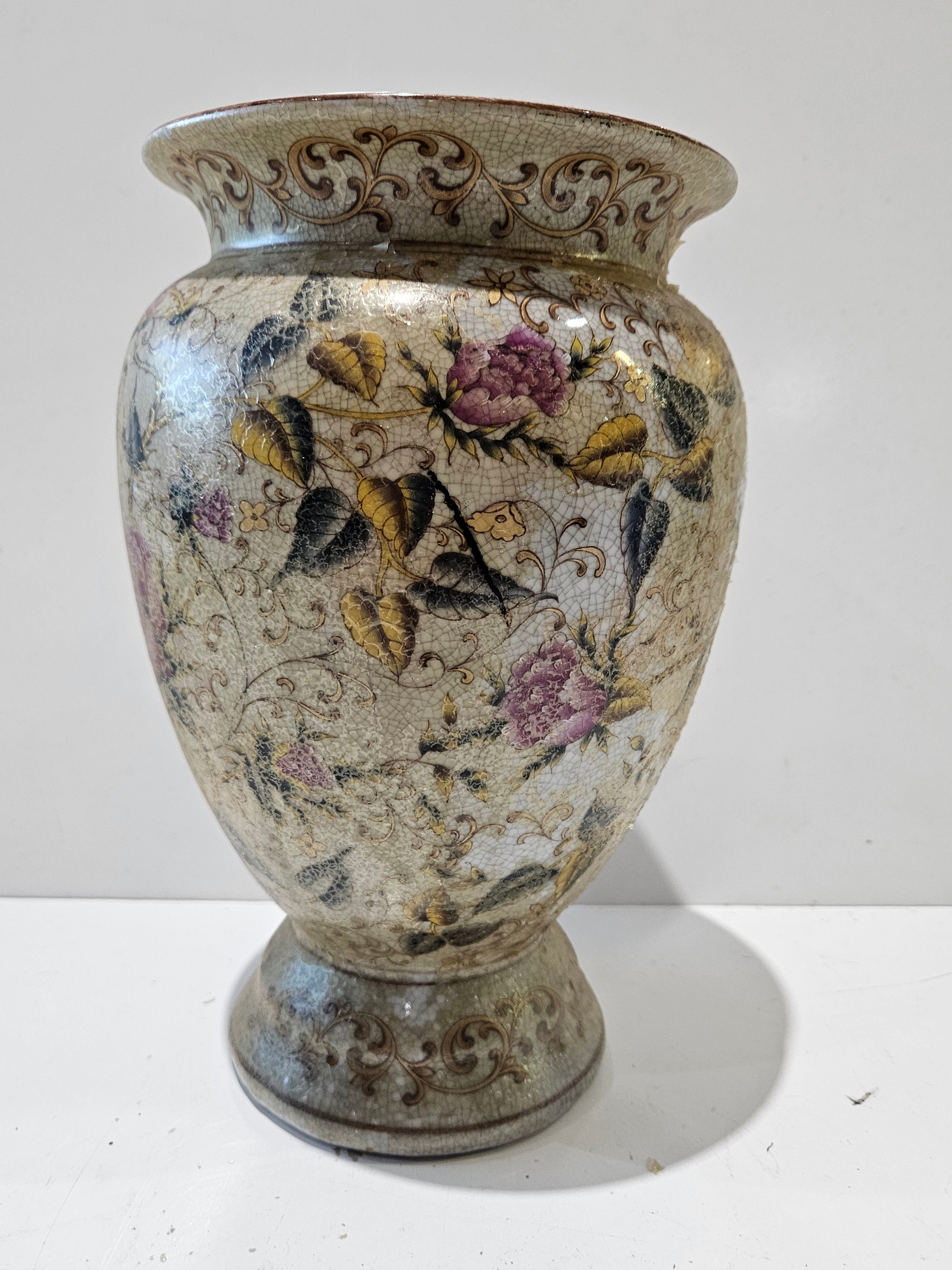 Vintage Large Floral Crackle Glaze Ceramic Vase Gold Gilt Decorative Urn Planter