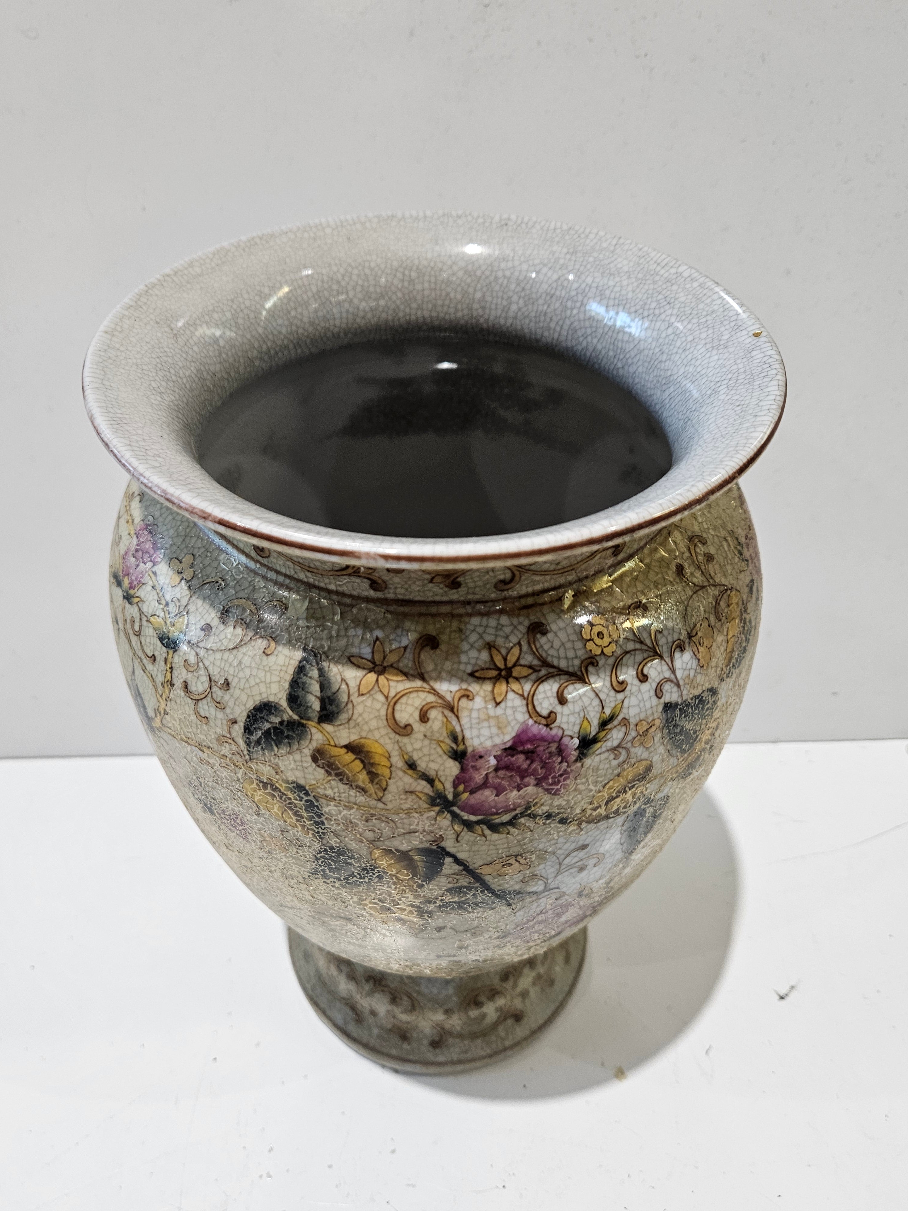 Vintage Large Floral Crackle Glaze Ceramic Vase Gold Gilt Decorative Urn Planter