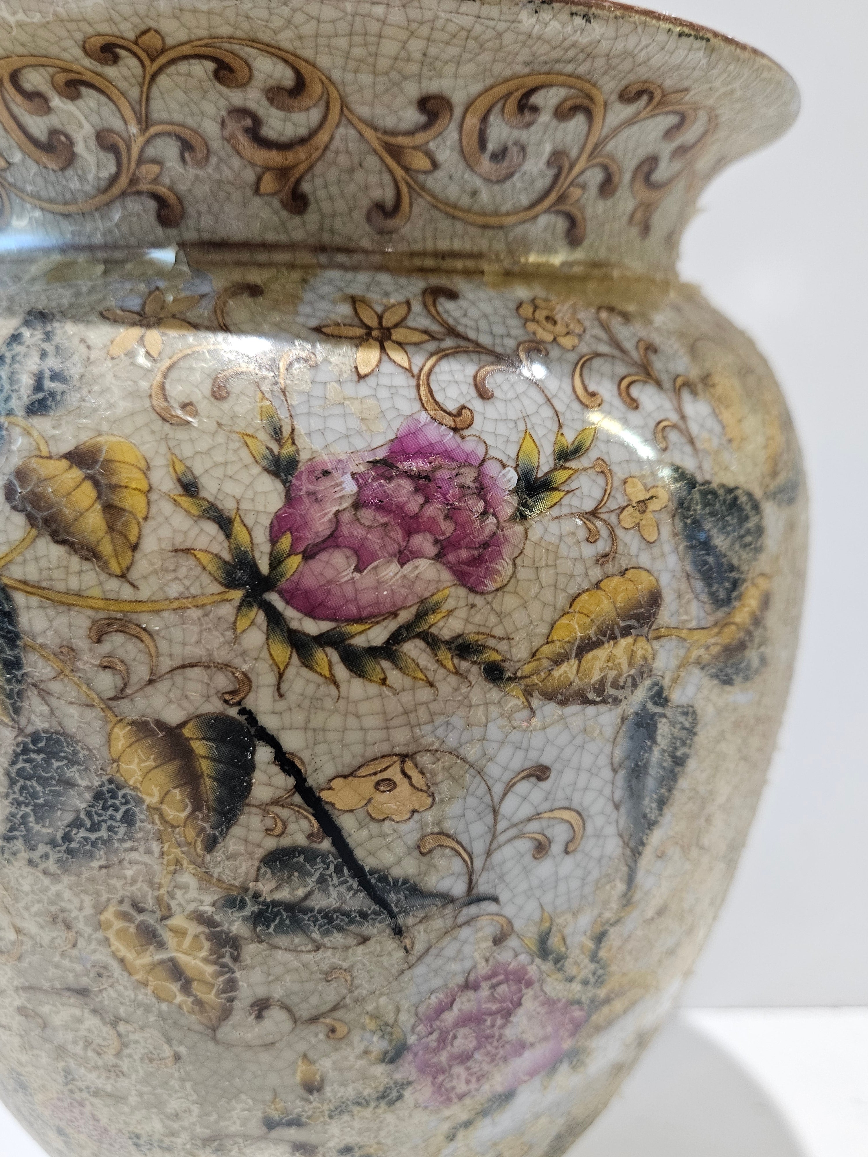 Vintage Large Floral Crackle Glaze Ceramic Vase Gold Gilt Decorative Urn Planter
